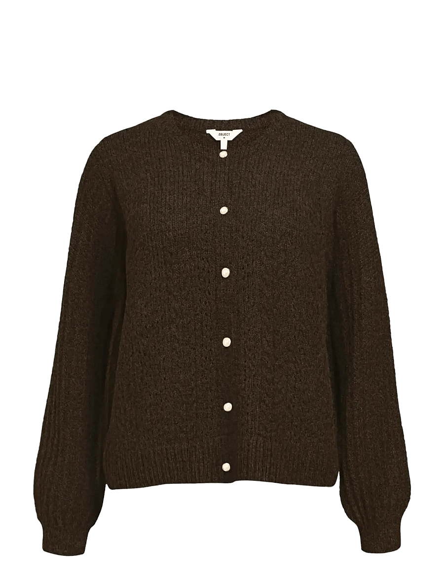Object - OBJFLORA RE LS KNIT BUTTON CARDIGAN NOOS - koftor - seal brown - 1