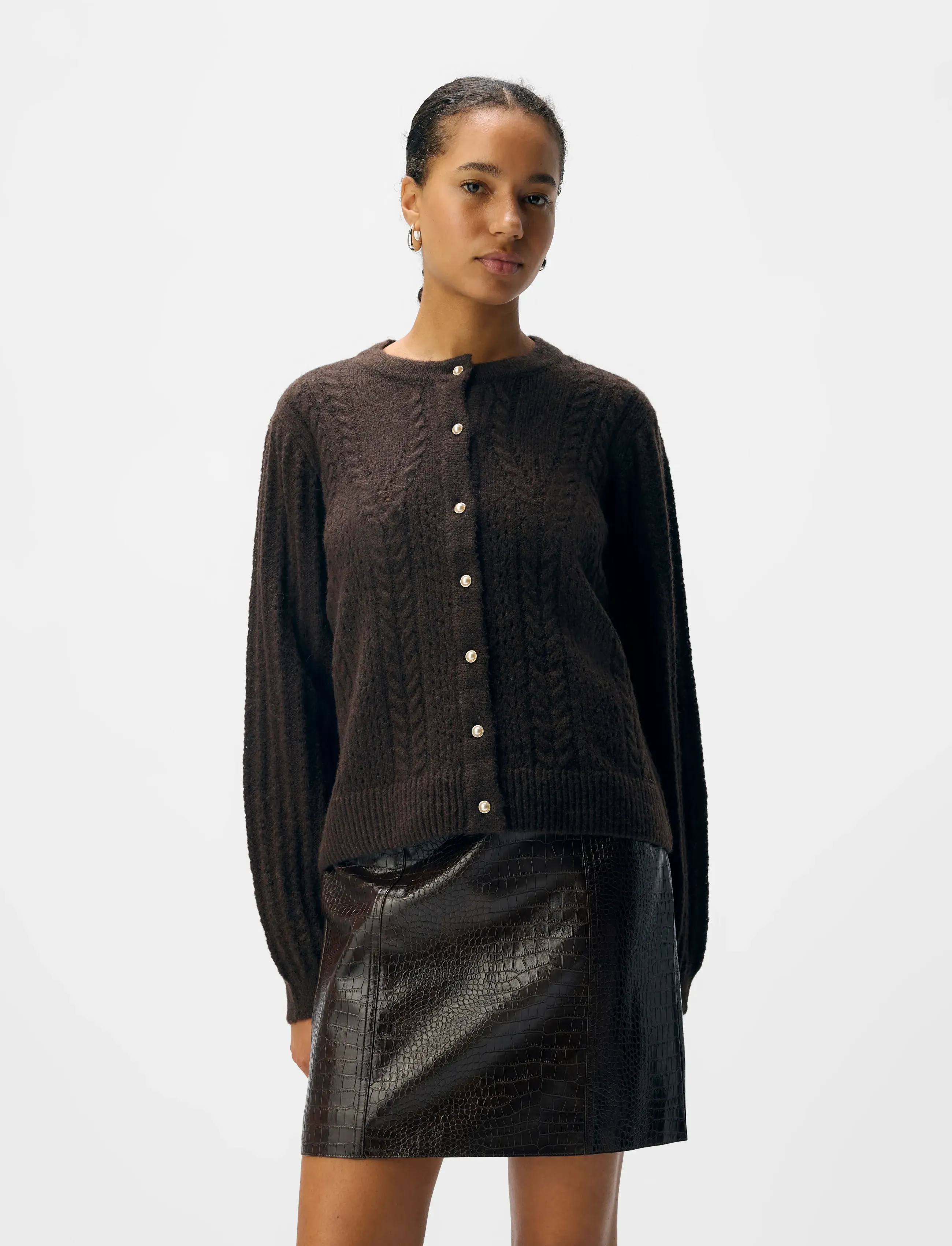 Object Objflora Re Ls Knit Button Cardigan Noos, S, Knitwear, Braun - Cardigans, Frauen
