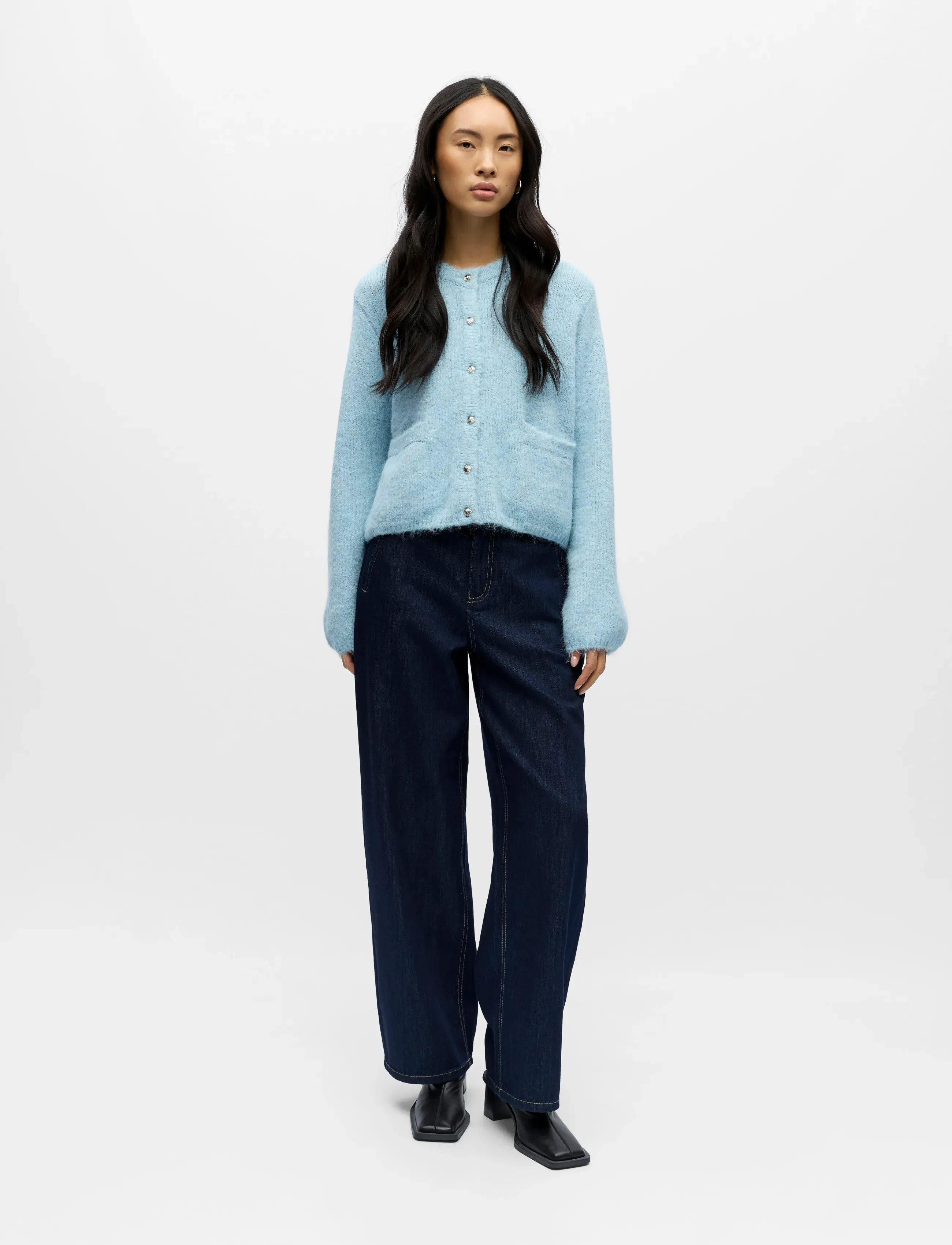 Object Objsaggia Re L/S Knit Cardigan Noos, XS, Blue, Strik > Cardigans, Dame