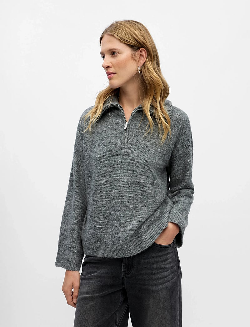 Object - OBJDIANA LS RE ZIP HIGH NECK KNIT NOOS - striktrøjer - medium grey melange - 3