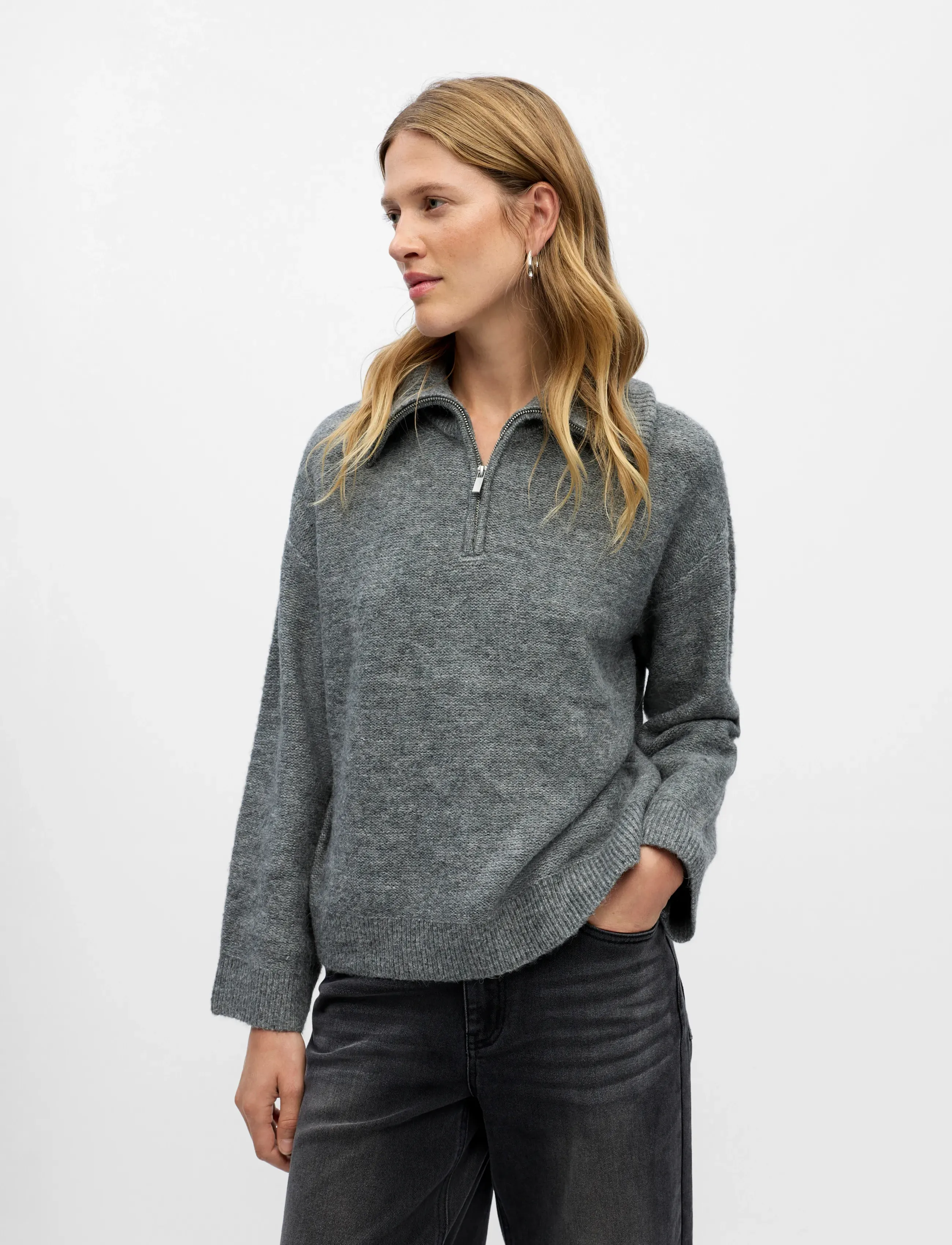 Object - OBJDIANA LS RE ZIP HIGH NECK KNIT NOOS - striktrøjer - medium grey melange - 3