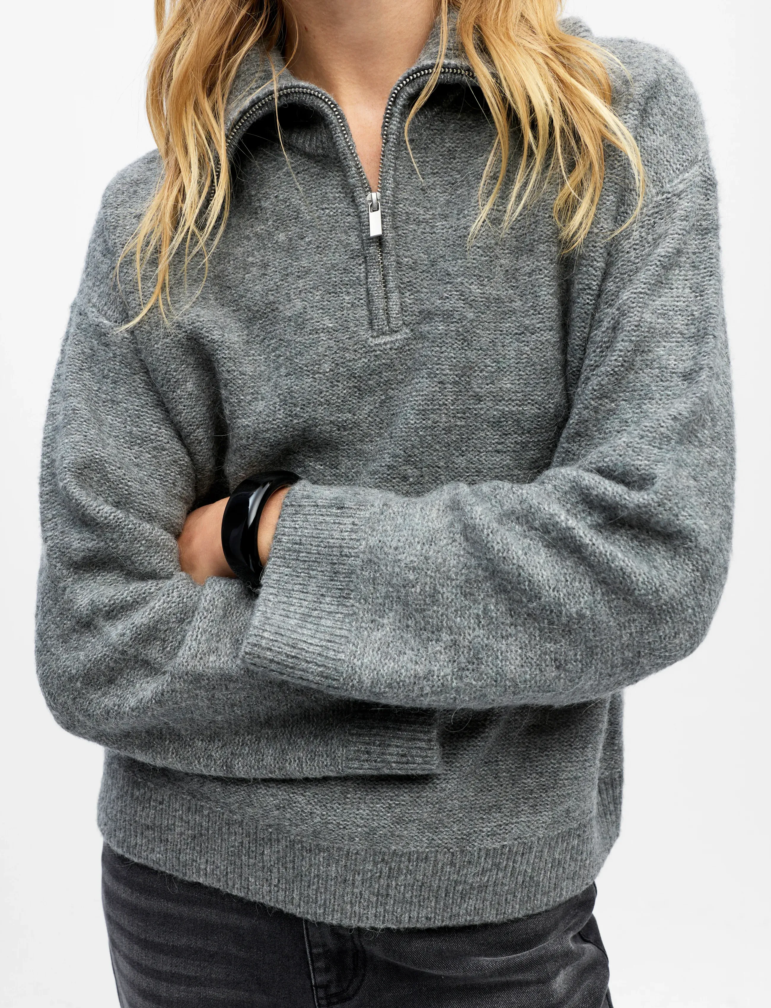 Object - OBJDIANA LS RE ZIP HIGH NECK KNIT NOOS - striktrøjer - medium grey melange - 4