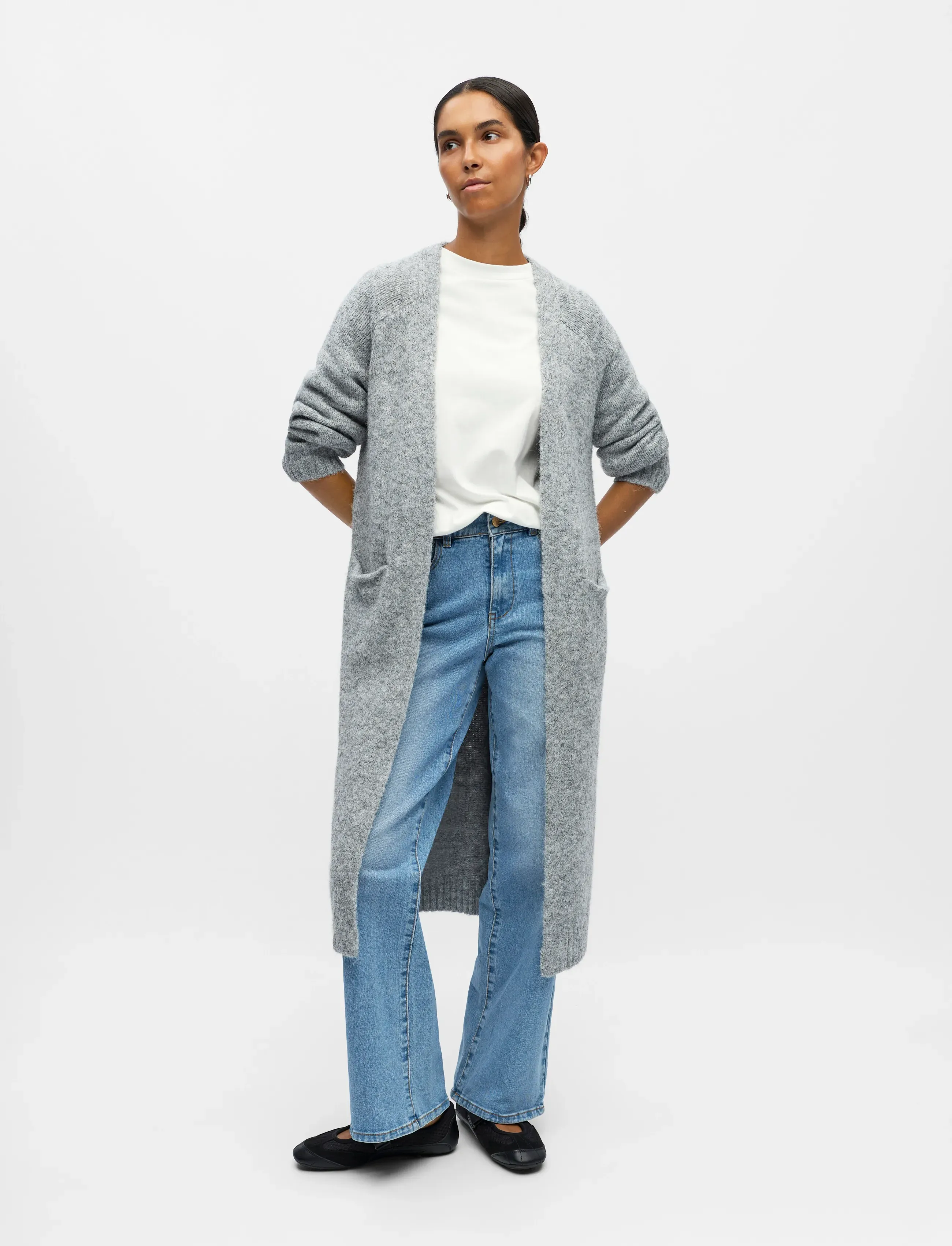 Object Objmilu Ls Lo Long Knit Cardigan Noos, Kvinder, Lang Åben Strikket Cardigan, Grå, Str: XS