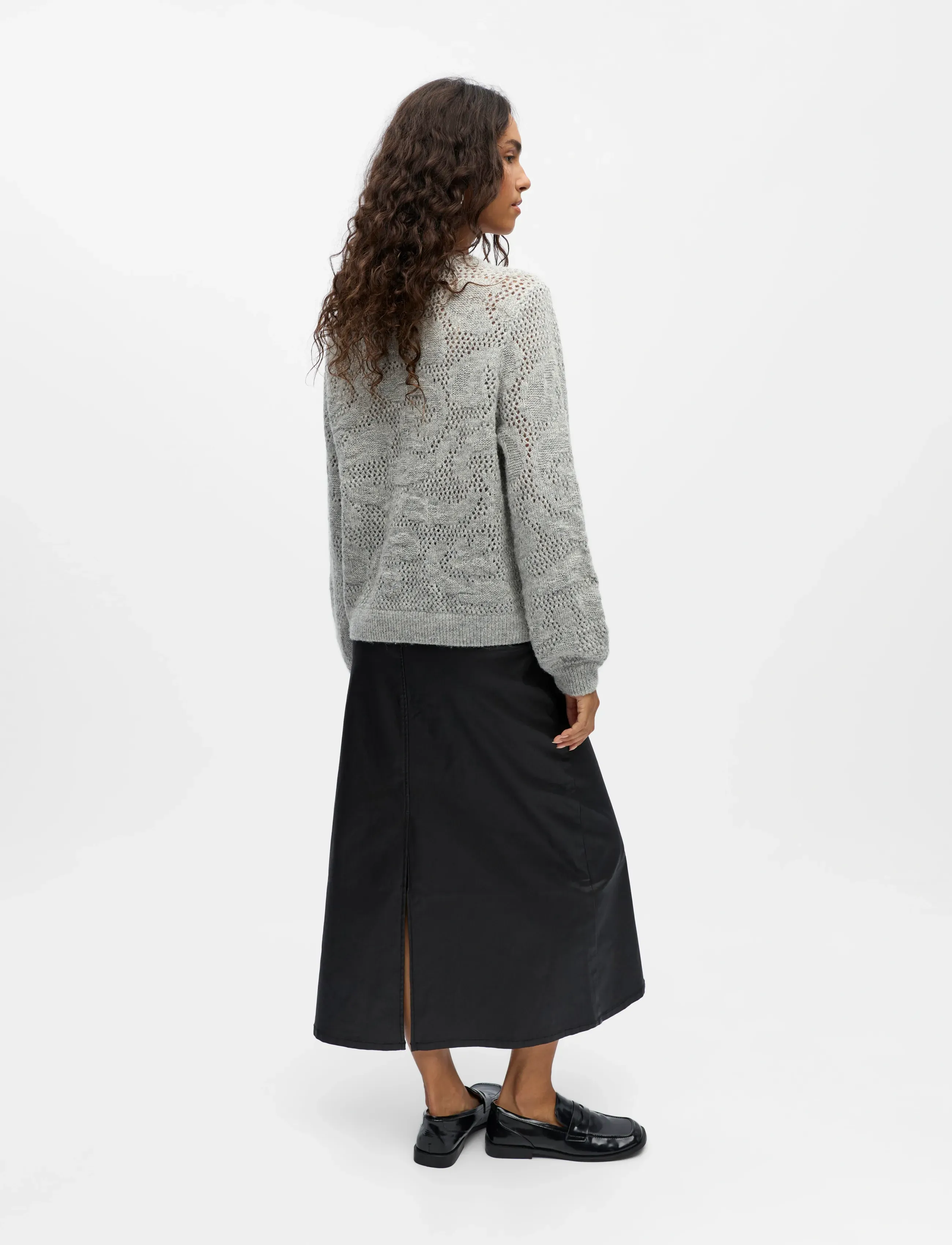 Object - OBJLUCA L/S RE PATTERN KNIT PULLOVER 140 - tröjor - medium grey melange - 2