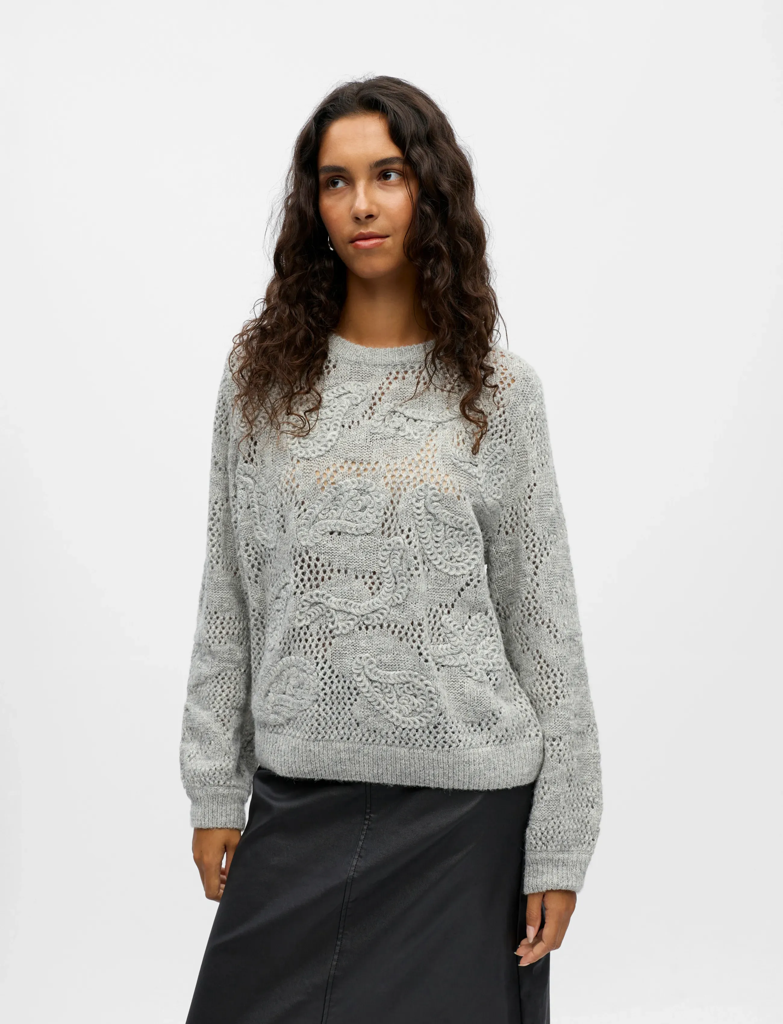 Object - OBJLUCA L/S RE PATTERN KNIT PULLOVER 140 - tröjor - medium grey melange - 3