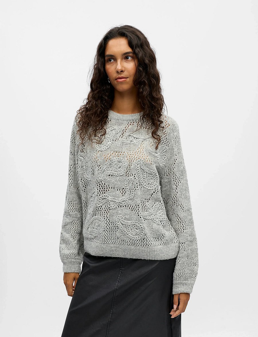 Object - OBJLUCA L/S RE PATTERN KNIT PULLOVER 140 - pulls - medium grey melange - 3