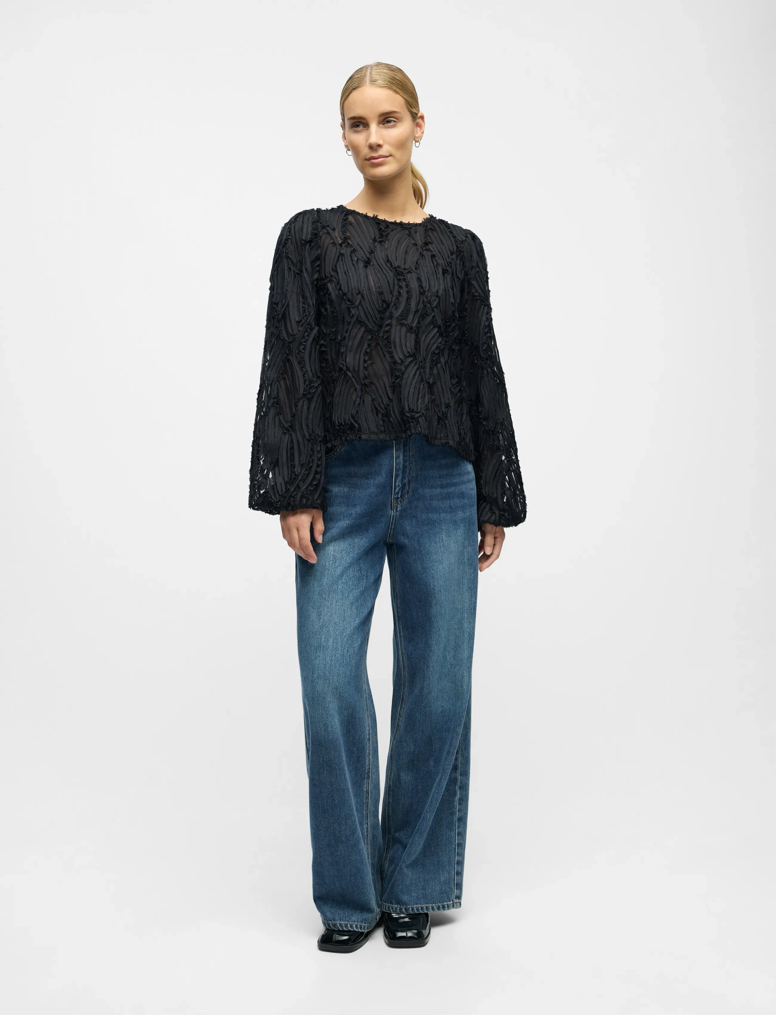Object Objlucie L/S Re O-Neck Top Noos, 34, Blouses, Schwarz - Long-sleeved, Frauen