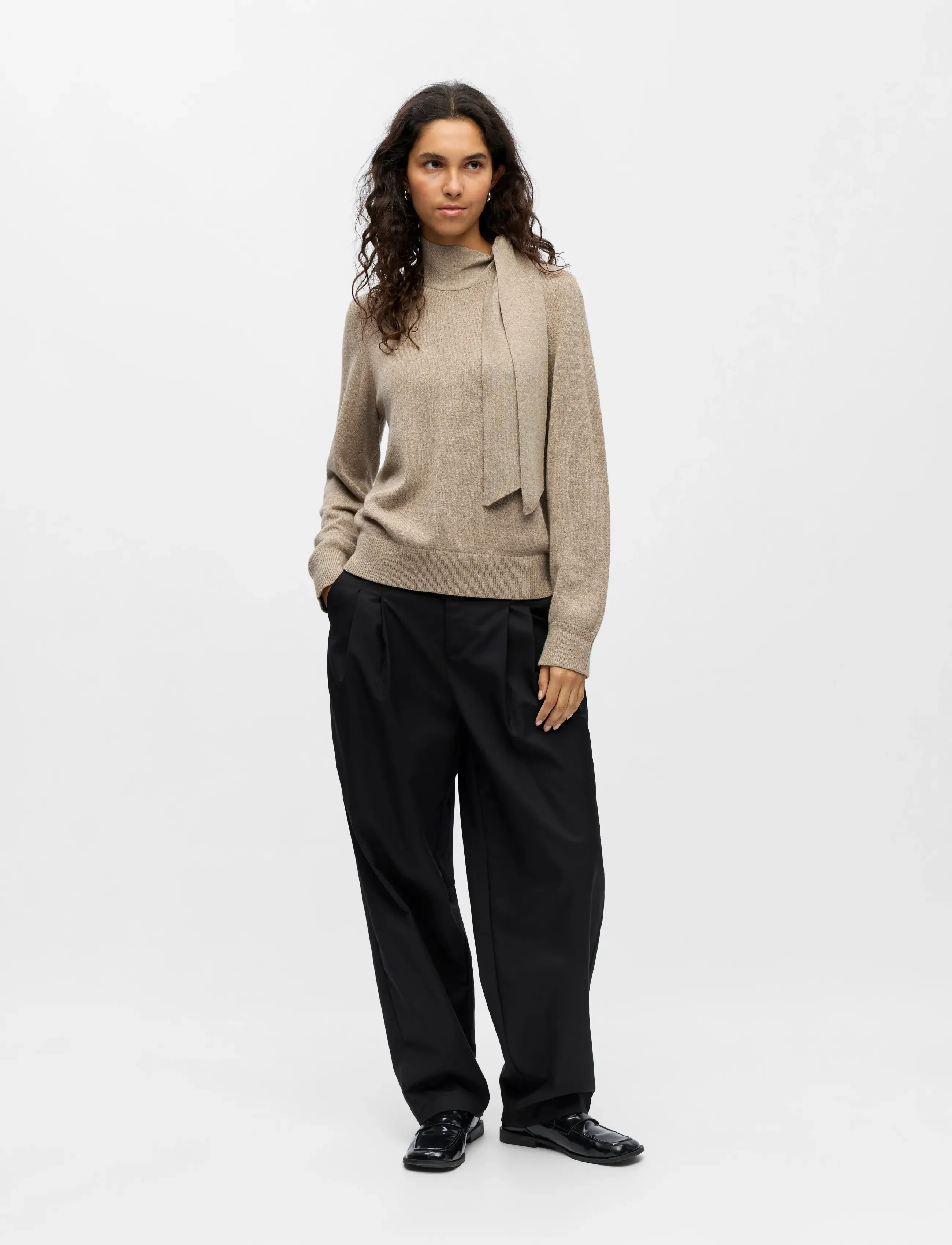 Object - OBJTHESS L/S RE BOW KNIT PULLOVER NOOS - tröjor - desert taupe - 3
