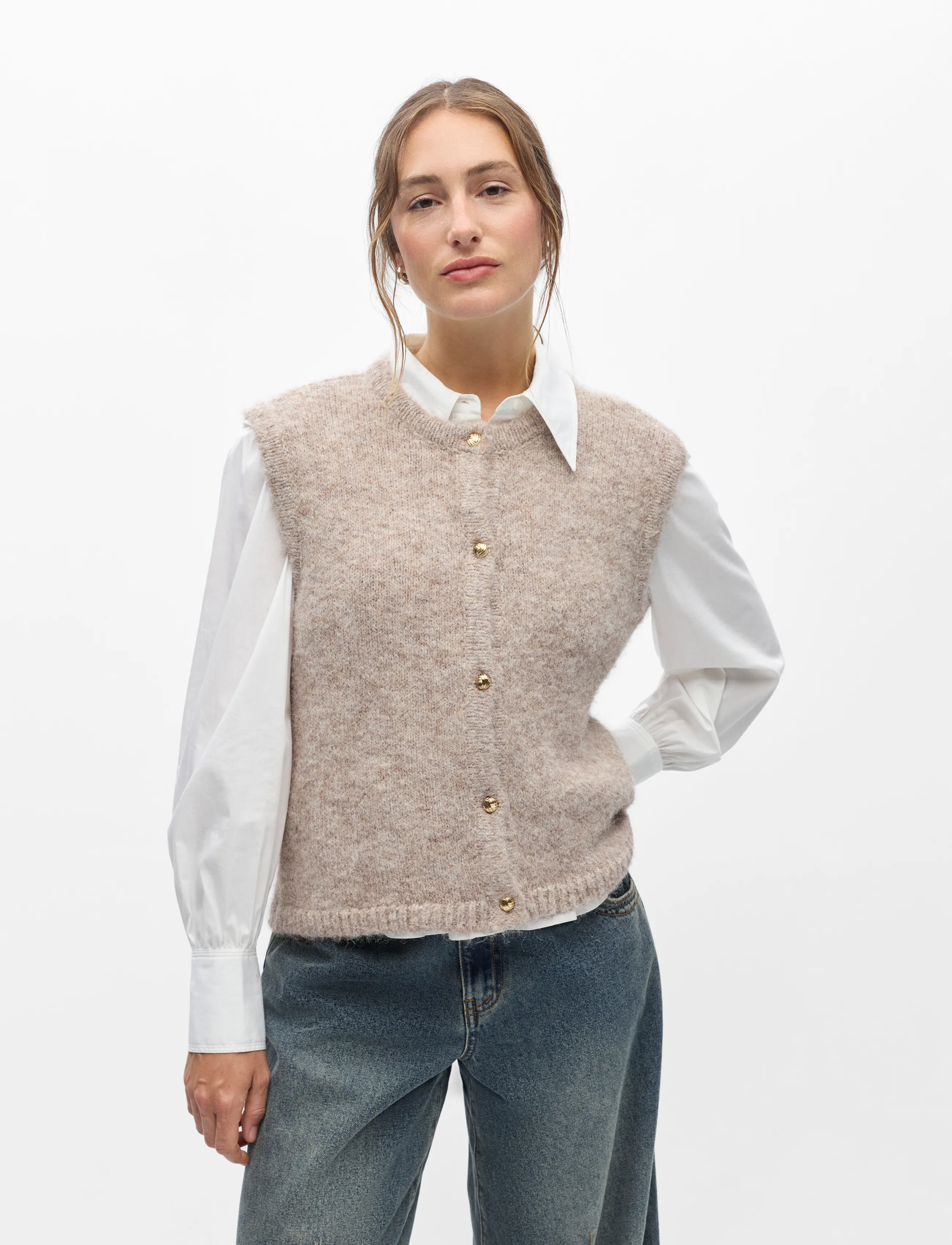 Object - OBJSAGGIA RE KNIT VEST CARDIGAN NOOS - stickade västar - humus - 0