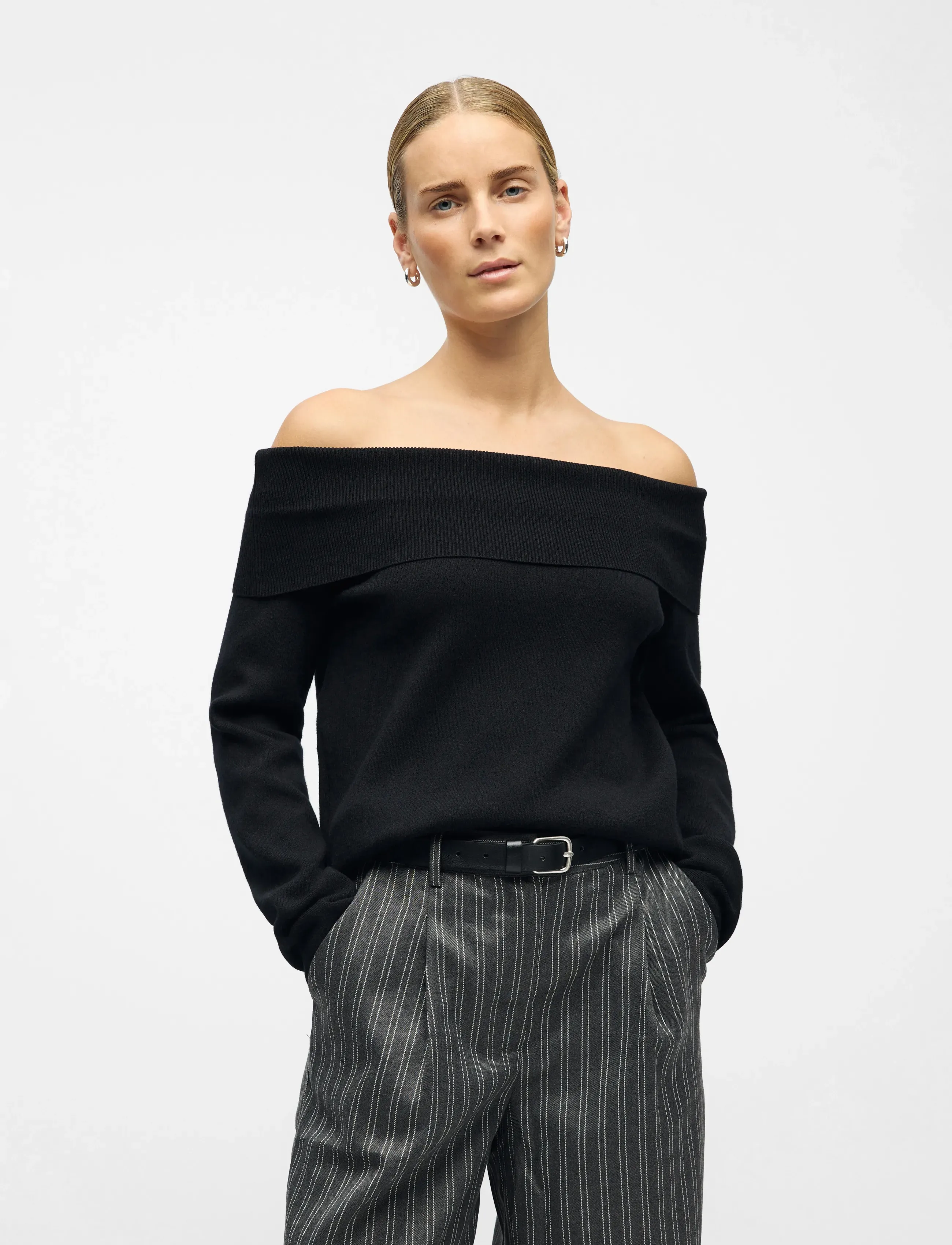 Object Objreynard L/S Re Off Shoulder Knit Div, S, Black, Strik > Trøjer, Dame