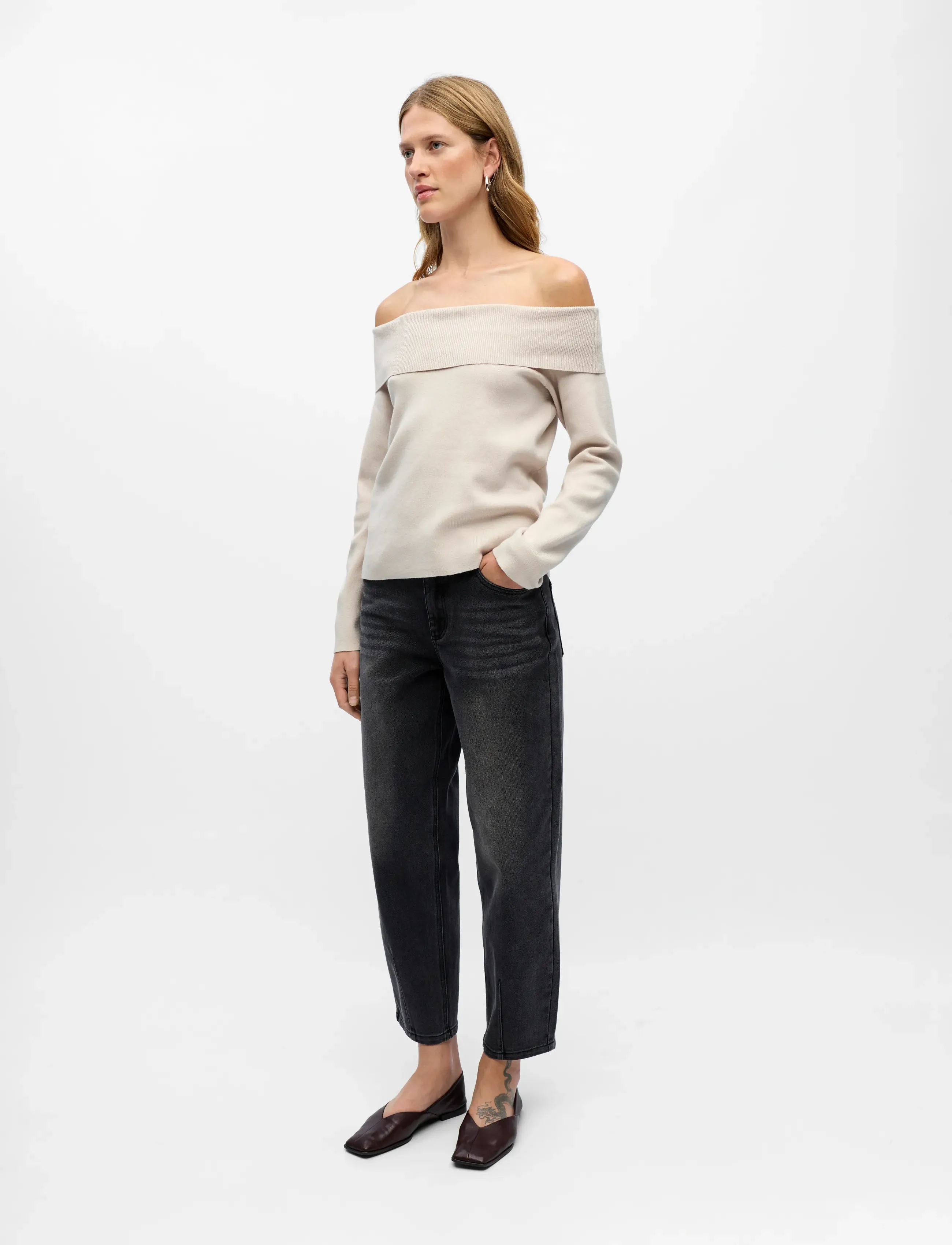 Object Objreynard L/S Re Off Shoulder Knit Div, S, Cream, Strik > Trøjer, Dame