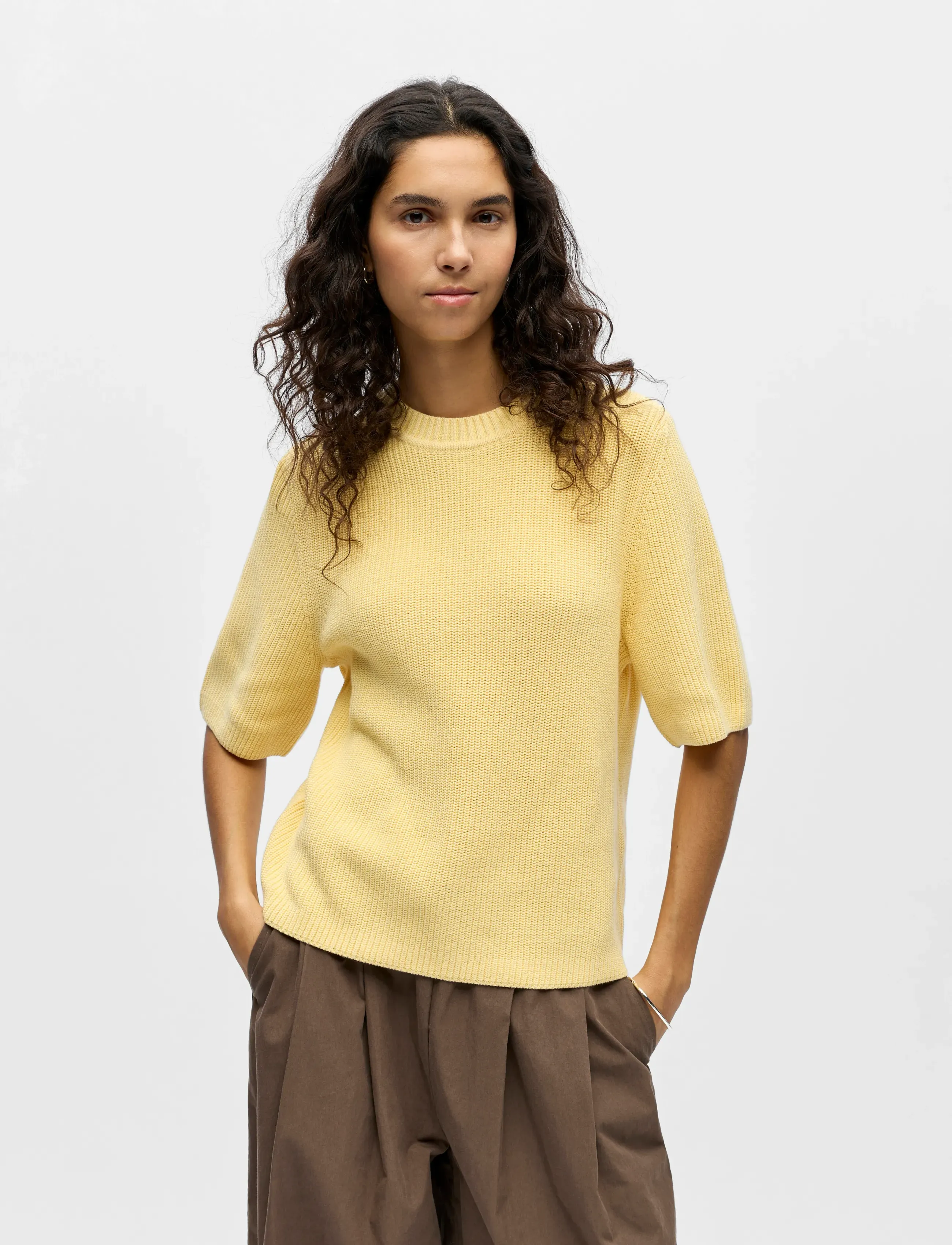 Object Objflo S/S Re Knit Pullover Noos, M, Yellow, Strik > Trøjer, Dame
