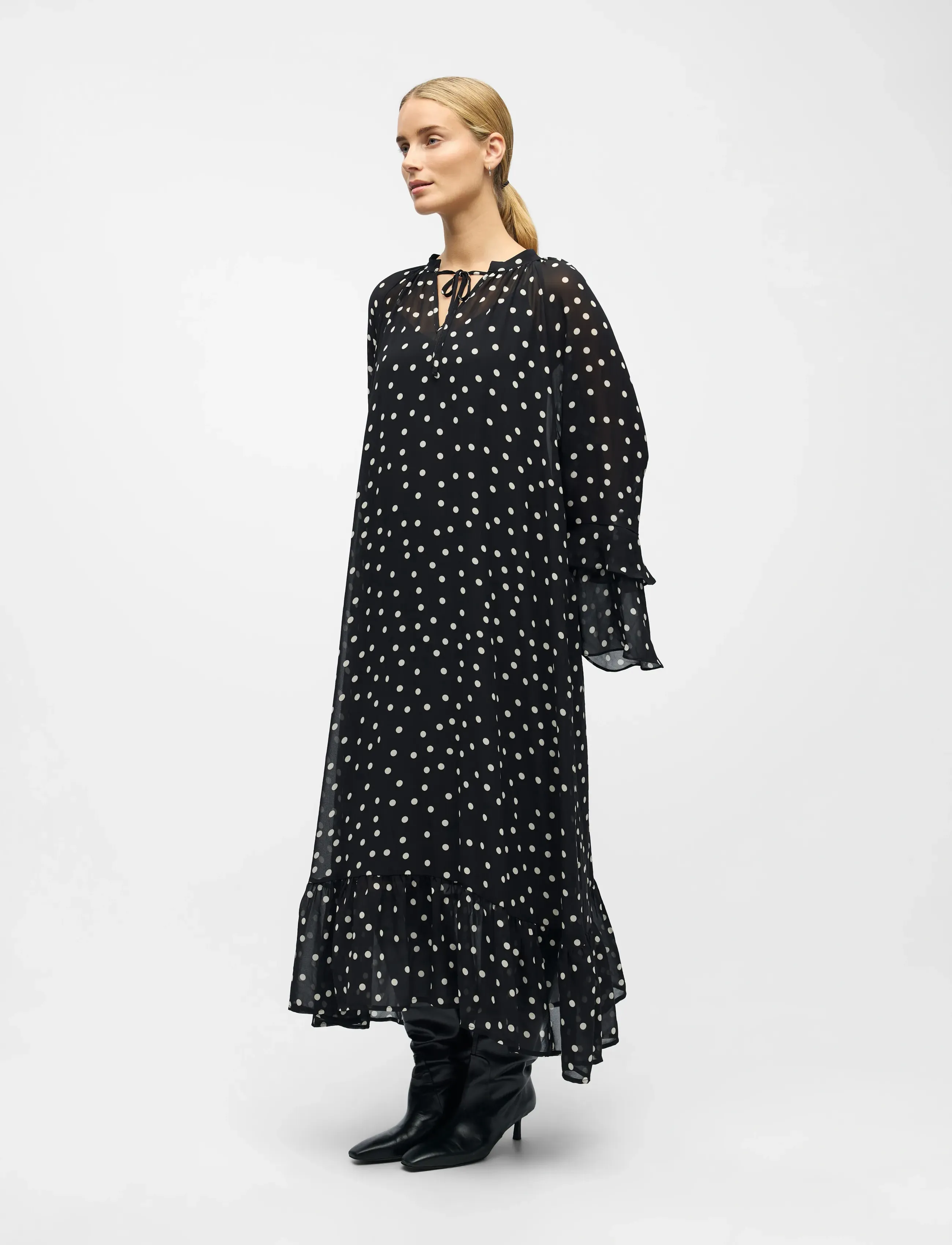 Object Objgina L/S Re Long Dress E Wi 25, Kvinder, Langærmet Prikket Lang Kjole, Sort, Str: 34