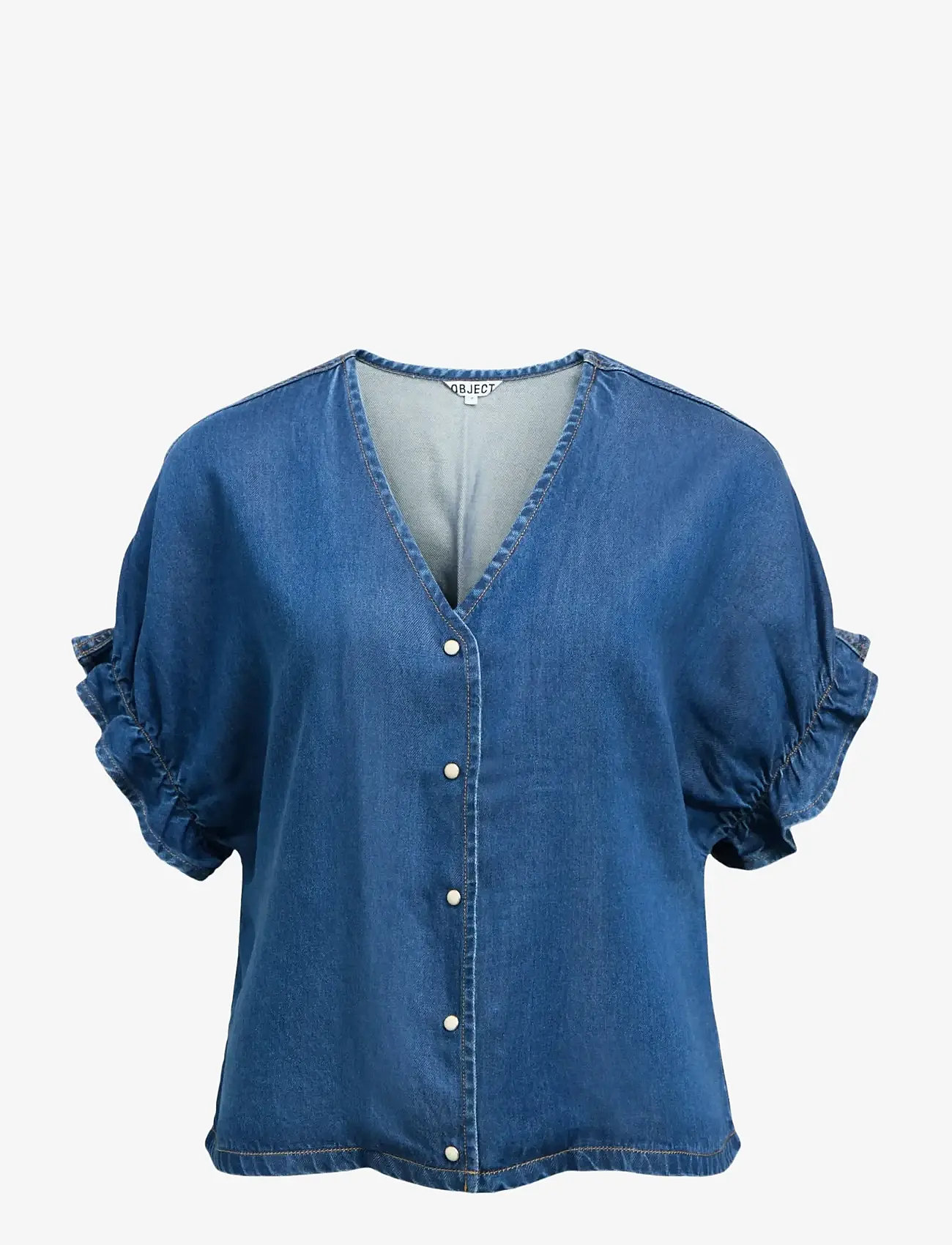 Object - OBJFRAME 2/4 V-NECK RE TOP NOOS - denim shirts - medium blue denim - 1