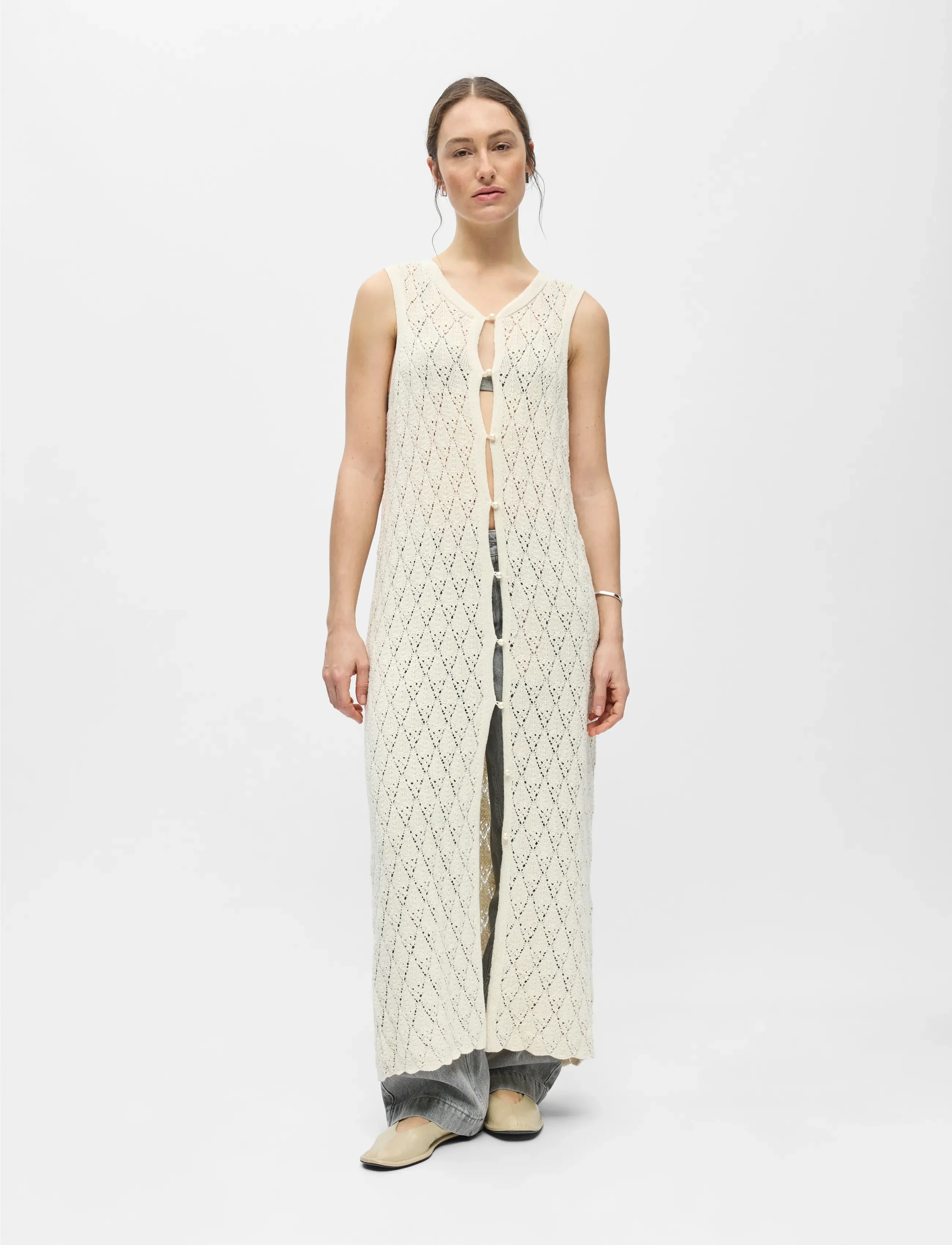 Object Objkitty S/L Re Knit Dress 144, Kvinder, Lang Ærmeløs Strikket Kjole, Cream, Str: XS