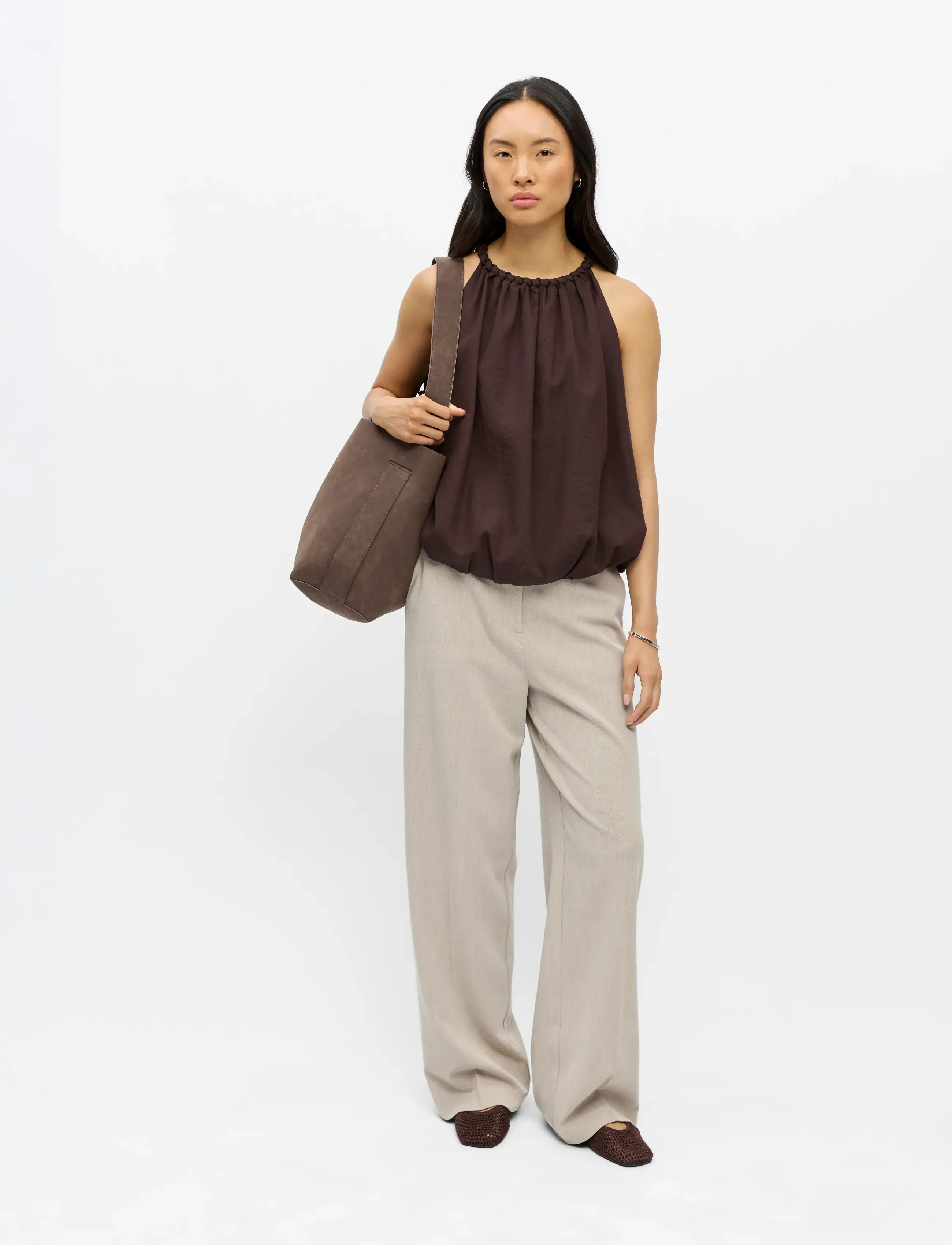 Object Objjolly Re S/L Top 145, Kvinder, Boble Top, Brun, Str: 36