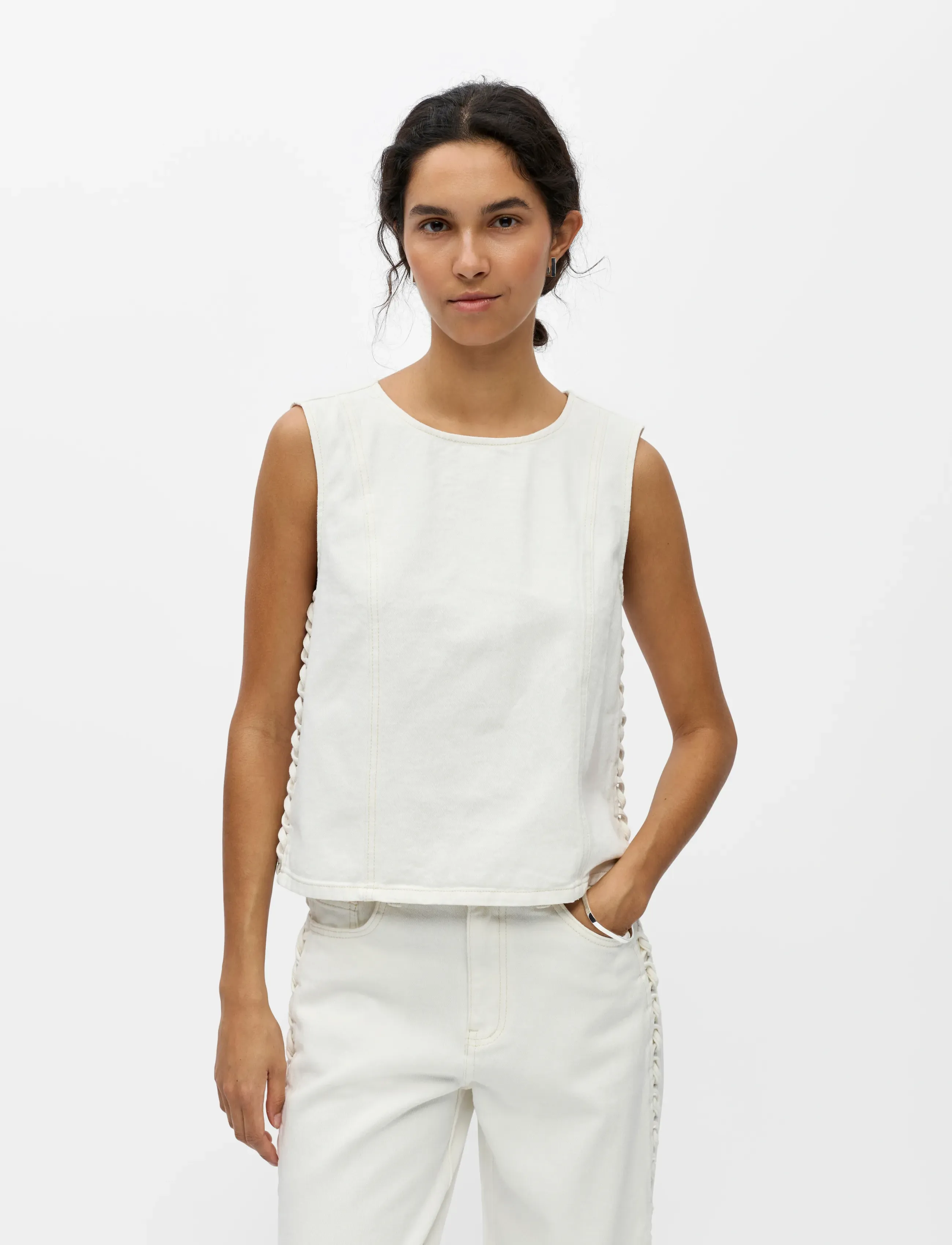 Object Objtrice S/L Re Denim Top 145, 40, White, T-Shirts & Toppe > Uden Ærmer, Dame