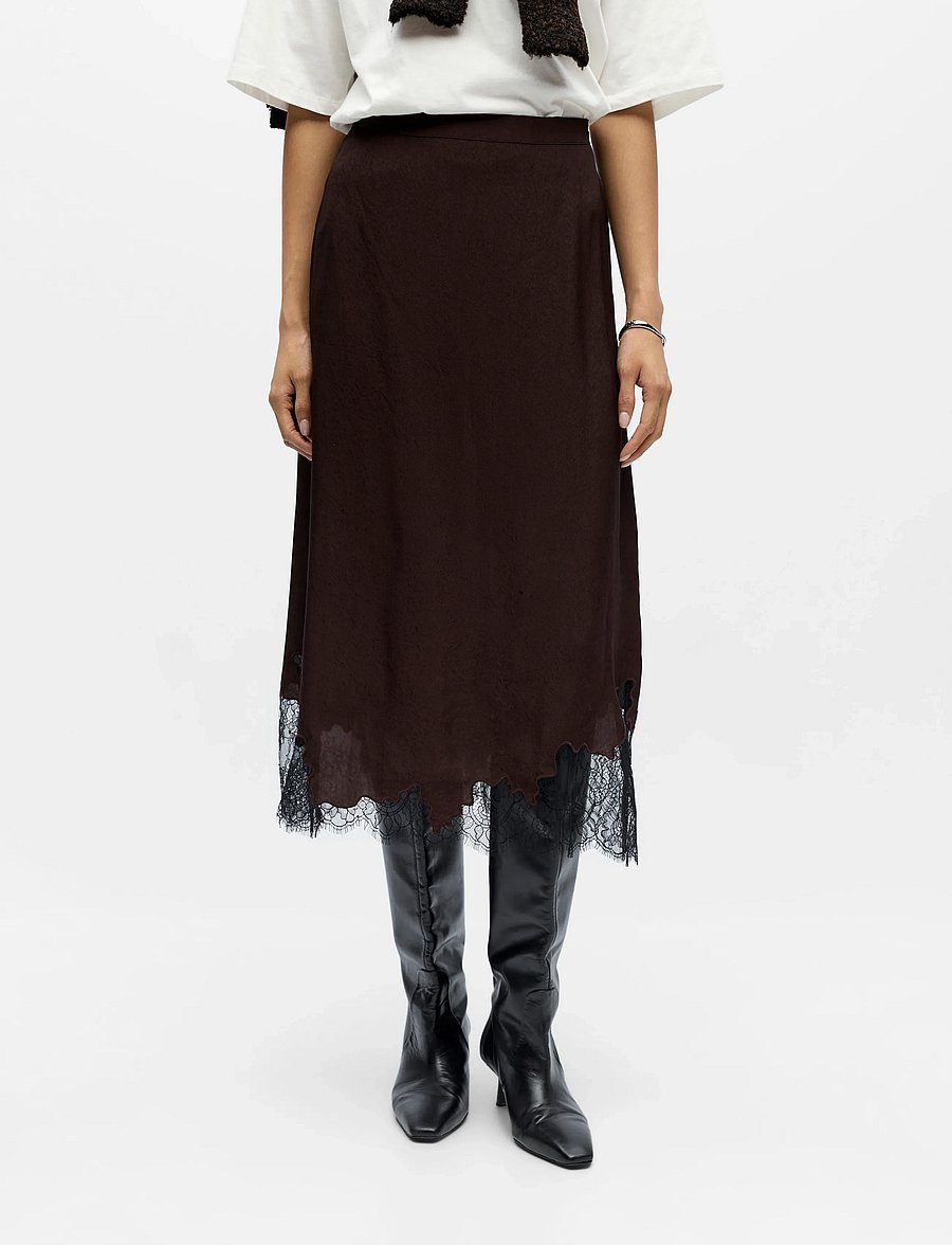 Object - OBJDALME MW LONG LACE SKIRT E AW FAIR 25 - satiinseelikud - seal brown - 0