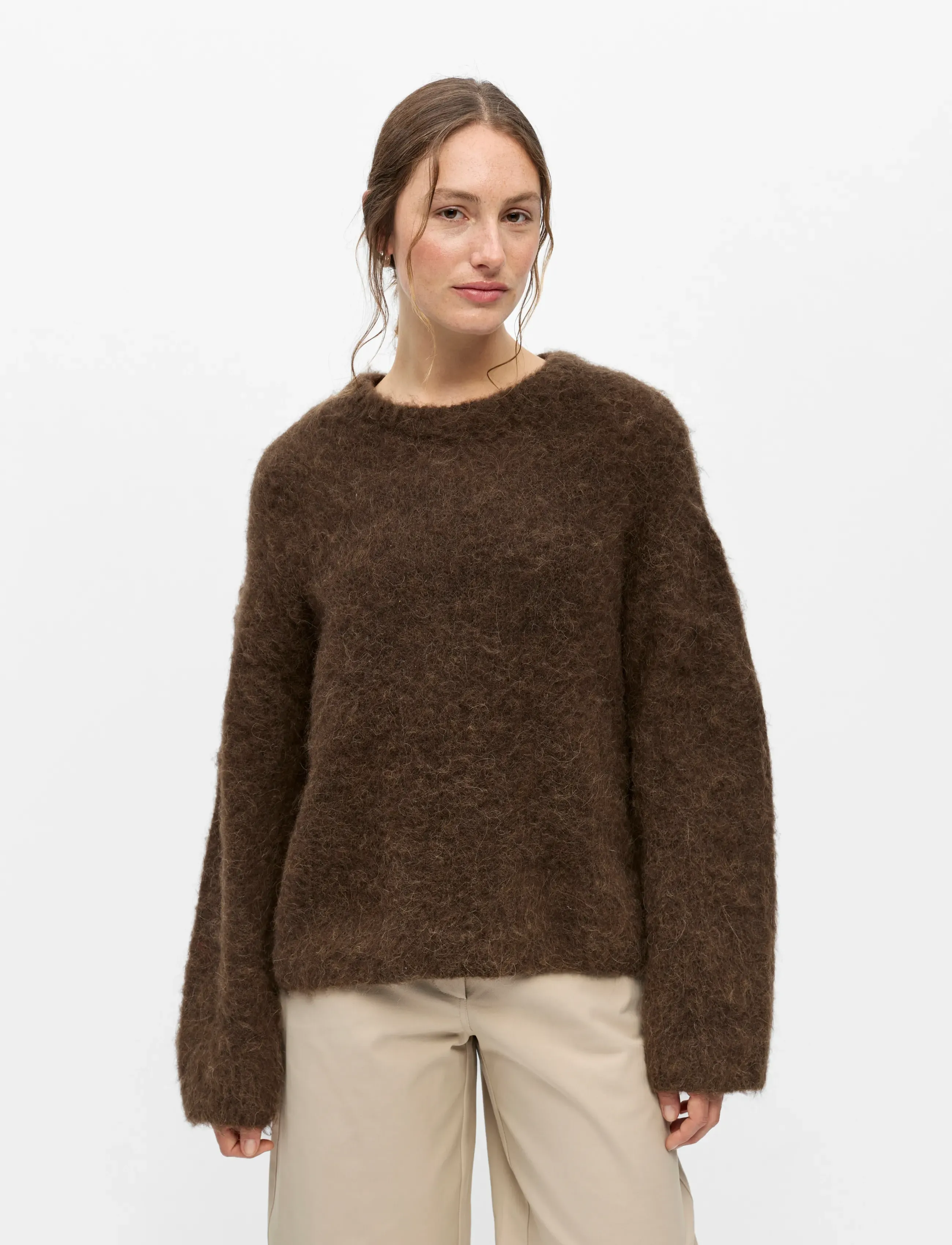Object Objharry L/S Lo Knit Pullover Noos, Kvinder, Fluffy Strikket Pullover, Brun, Str: L