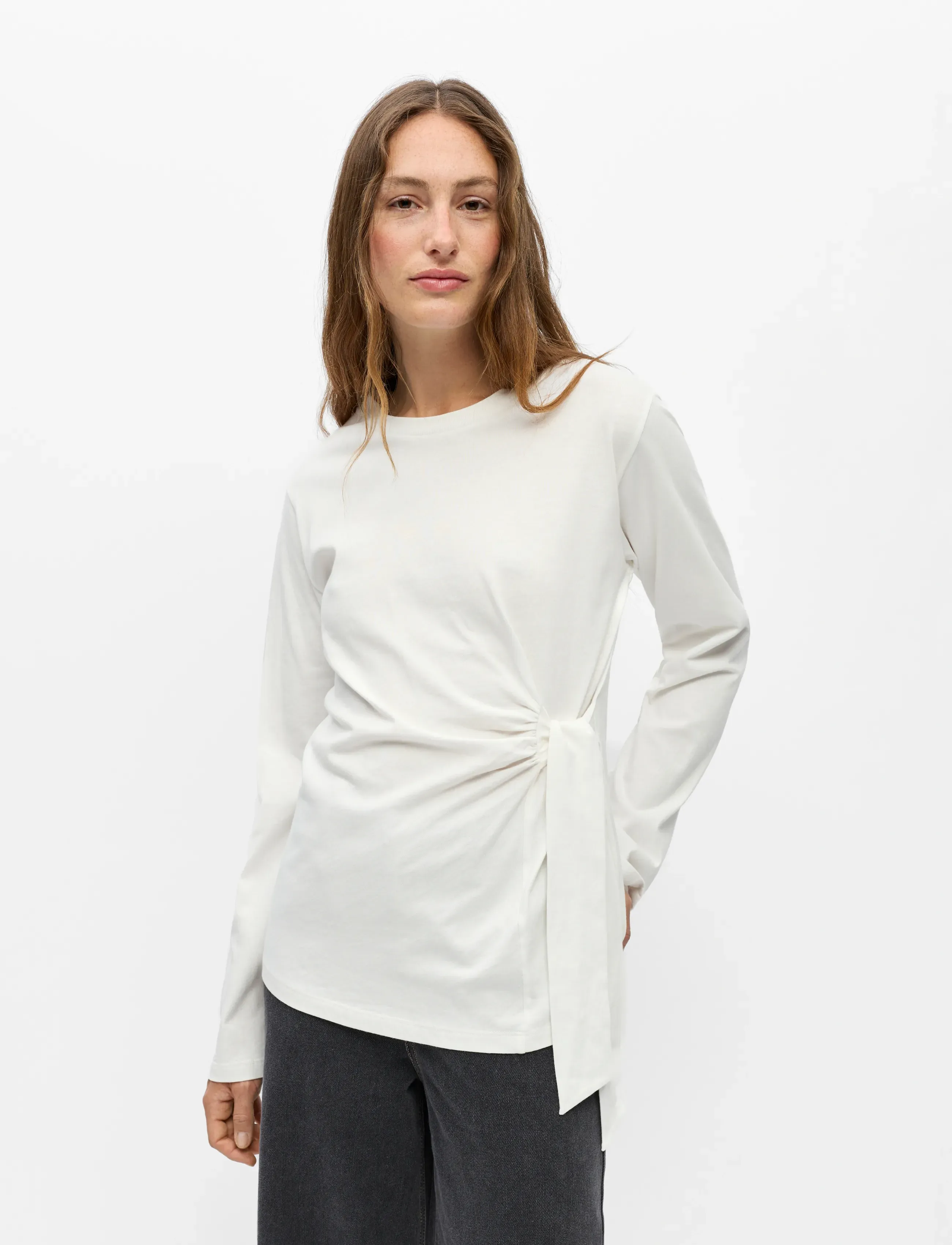 Object Objgima Kaija L/S Re Tie T-Shirt 146, XL, White, T-Shirts & Toppe > Langærmede, Dame