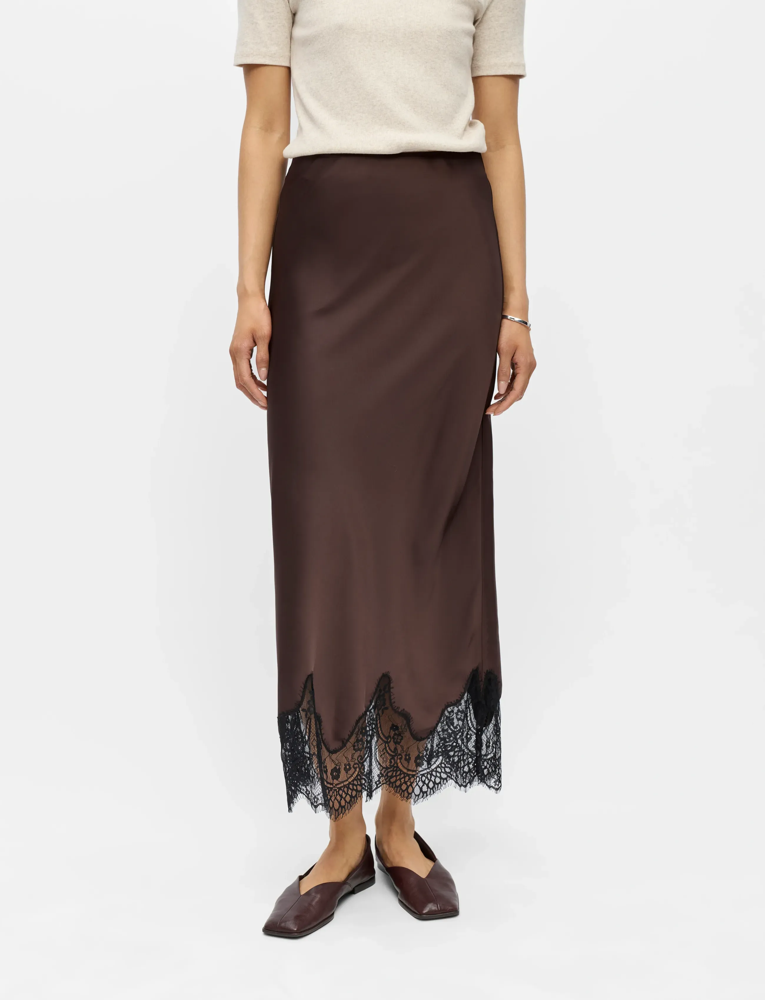 Object Objalli Mw Long Skirt E Ss Fair 26, Kvinder, Blonde Kant Slip Nederdel, Brun, Str: 42