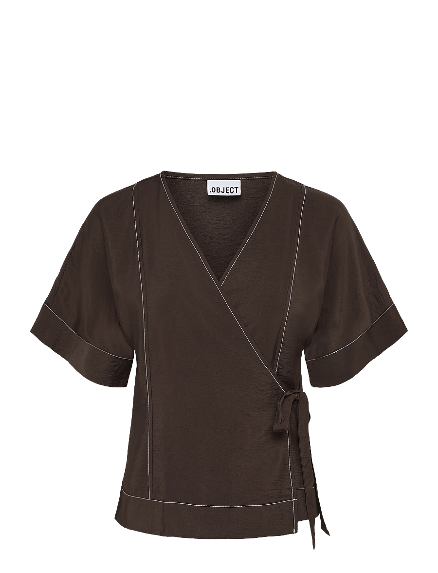 Object - OBJJACIRA S/S RE WRAP TOP E TNE - kurzärmelige blusen - seal brown - 1