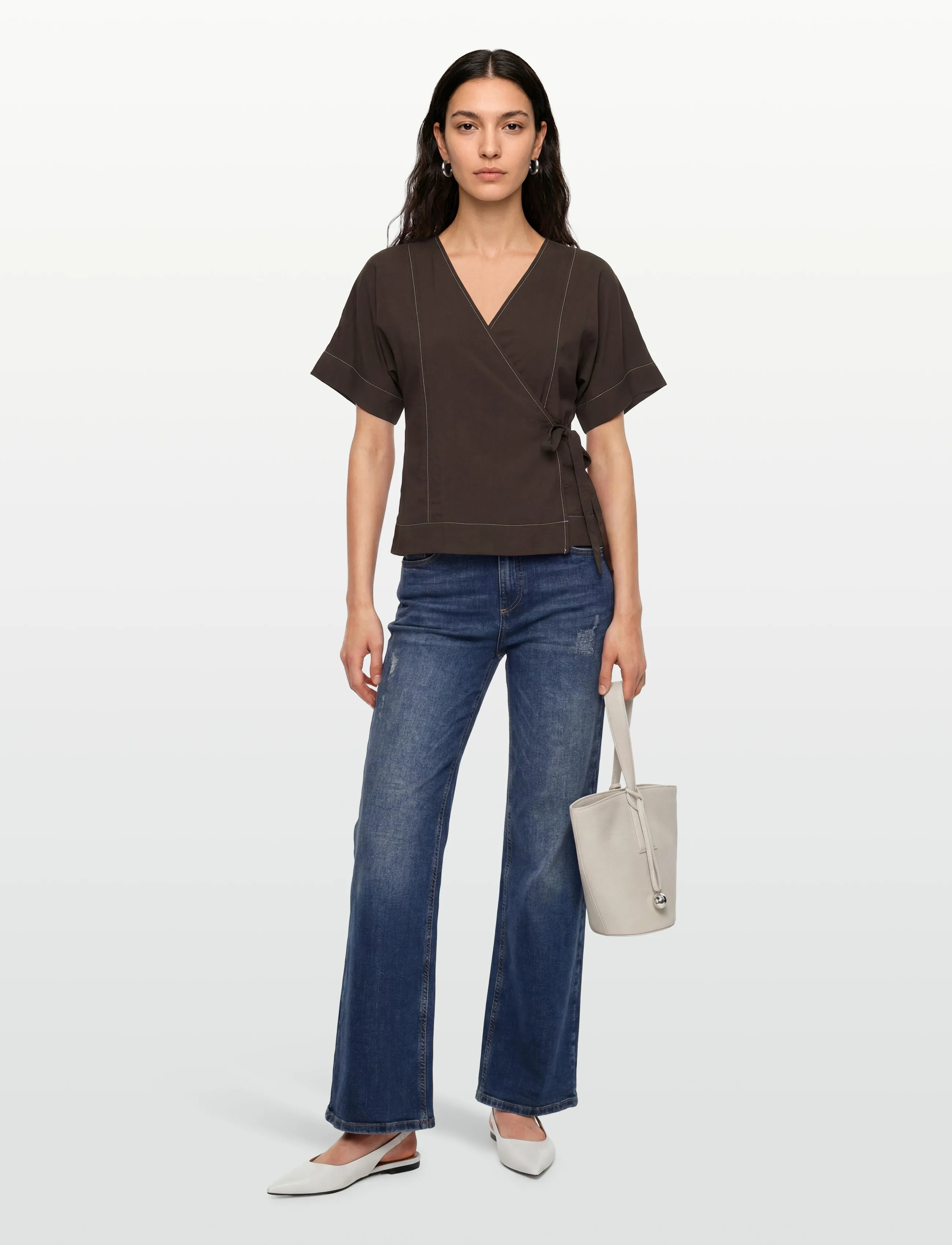 Object Objjacira S/S Re Wrap Top E Tne, 34, Blouses, Braun - Short-sleeved, Frauen
