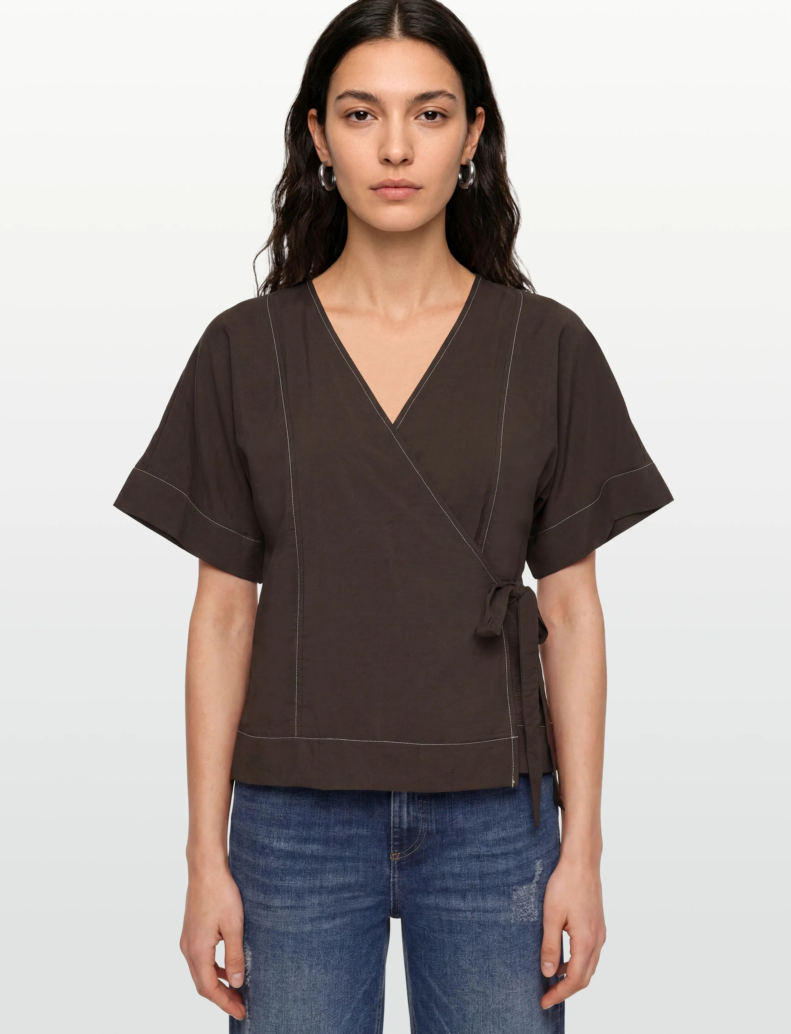 Object - OBJJACIRA S/S RE WRAP TOP E TNE - kurzärmelige blusen - seal brown - 3