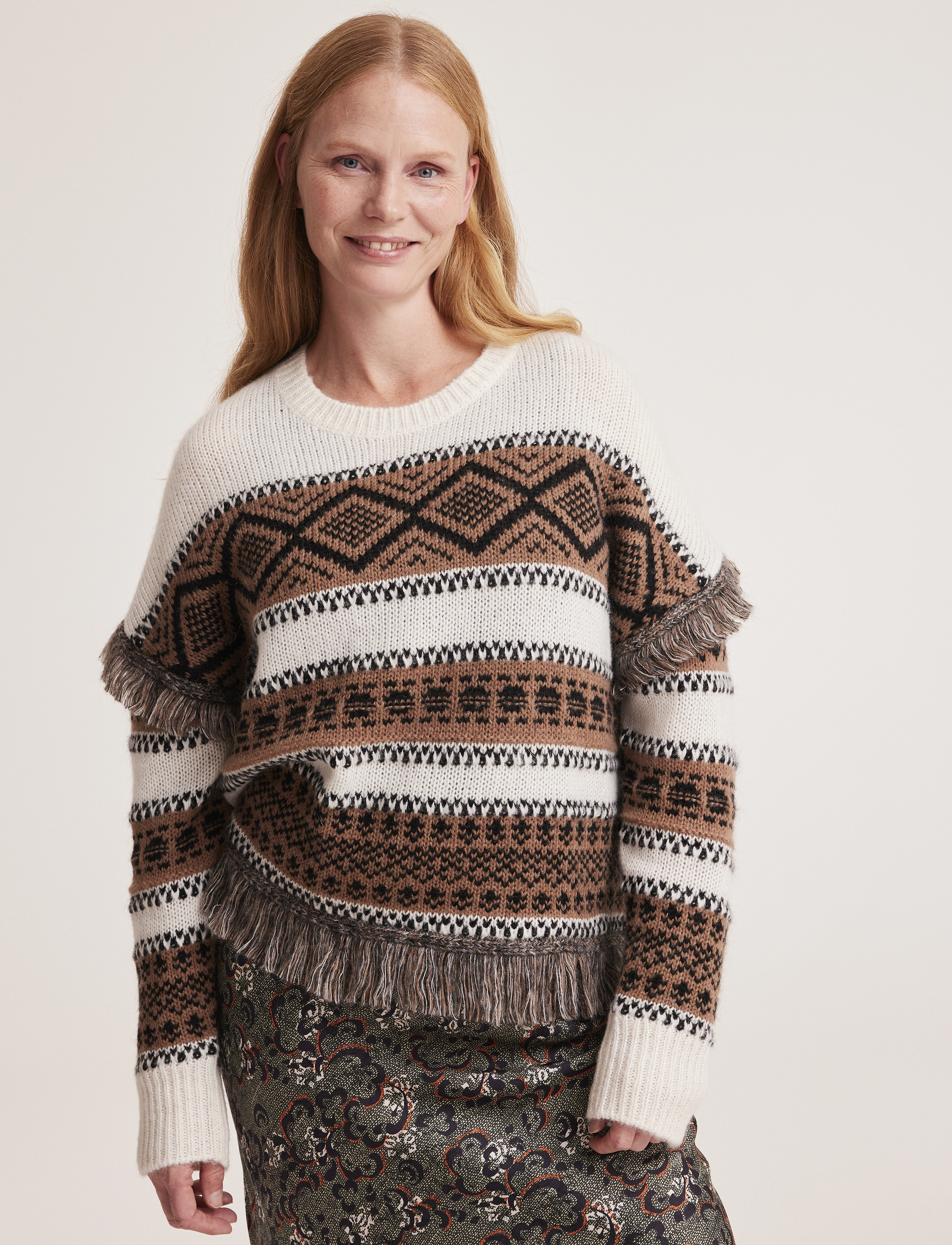 ODD MOLLY Ann Sweater, Kvinder, Mønstret Frynse Sweater, Cream, Str: XS