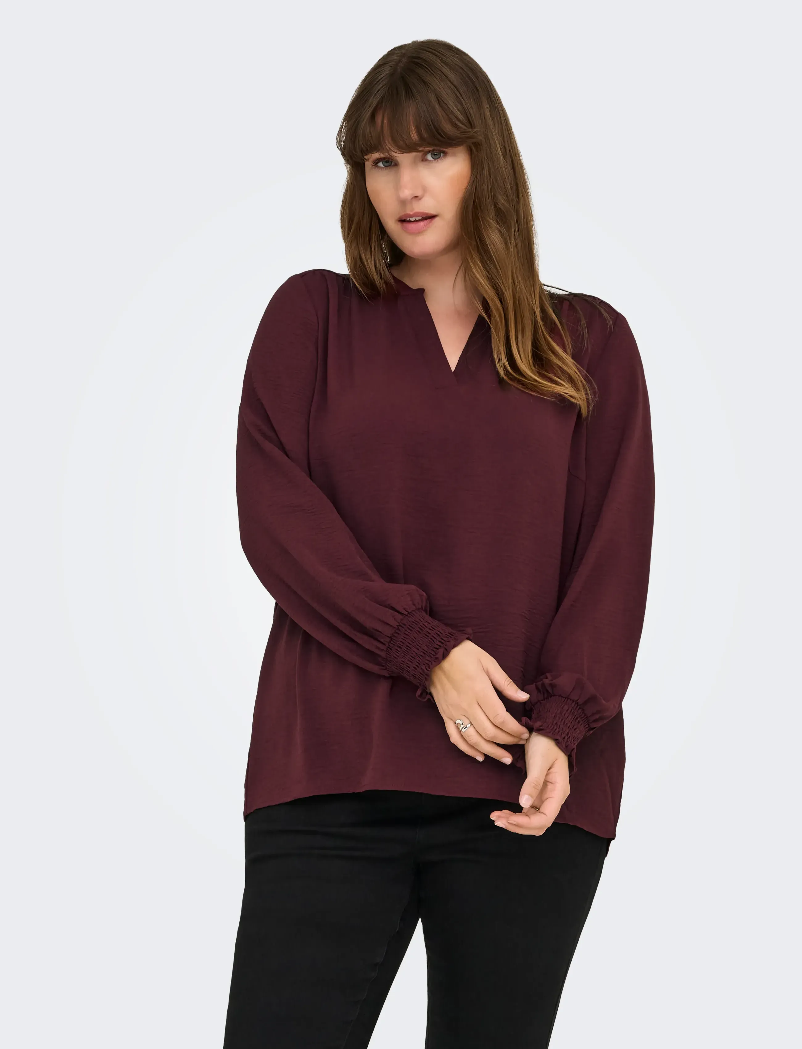 ONLY Carmakoma - CARMETTA L/S V-NECK TOP WVN NOOS - langermede bluser - tawny port - 4