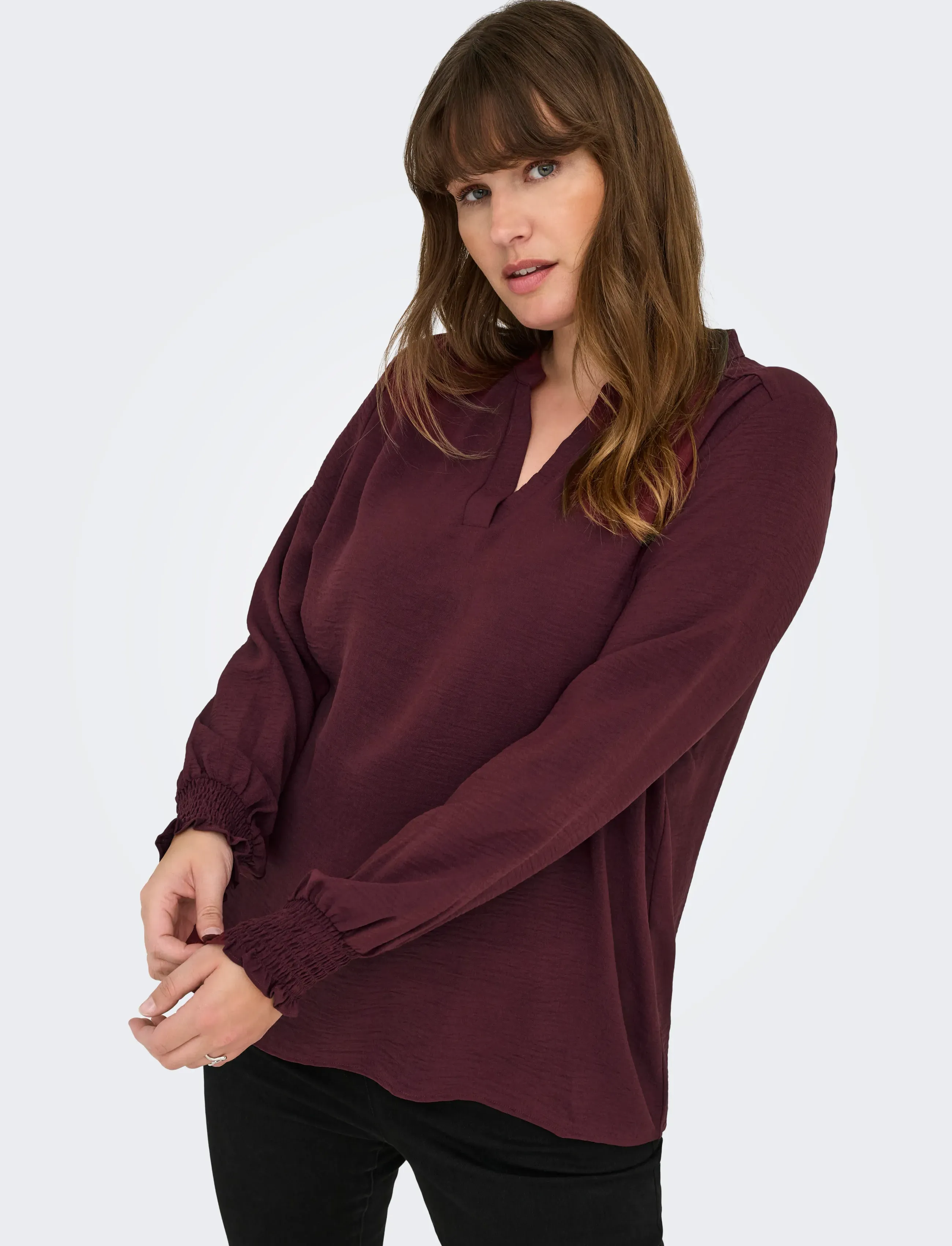 ONLY Carmakoma - CARMETTA L/S V-NECK TOP WVN NOOS - langermede bluser - tawny port - 5