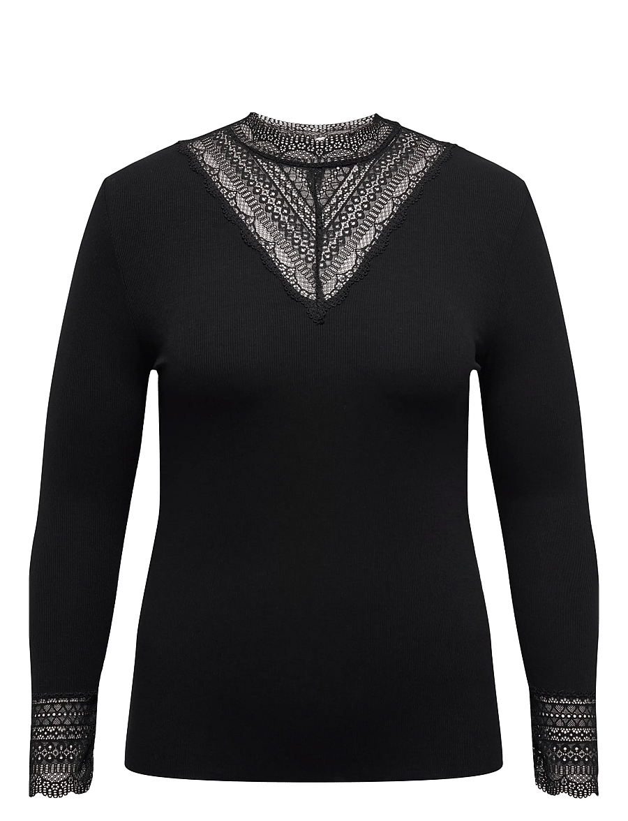 ONLY Carmakoma - CARTILDE RIB LACE L/S TOP JRS NOOS - black - 1