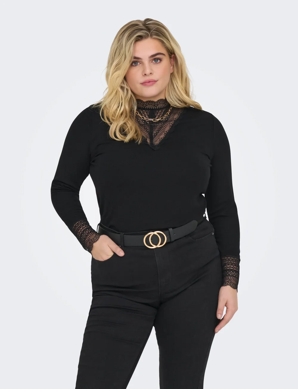 ONLY Carmakoma - CARTILDE RIB LACE L/S TOP JRS NOOS - långärmade toppar - black - 0