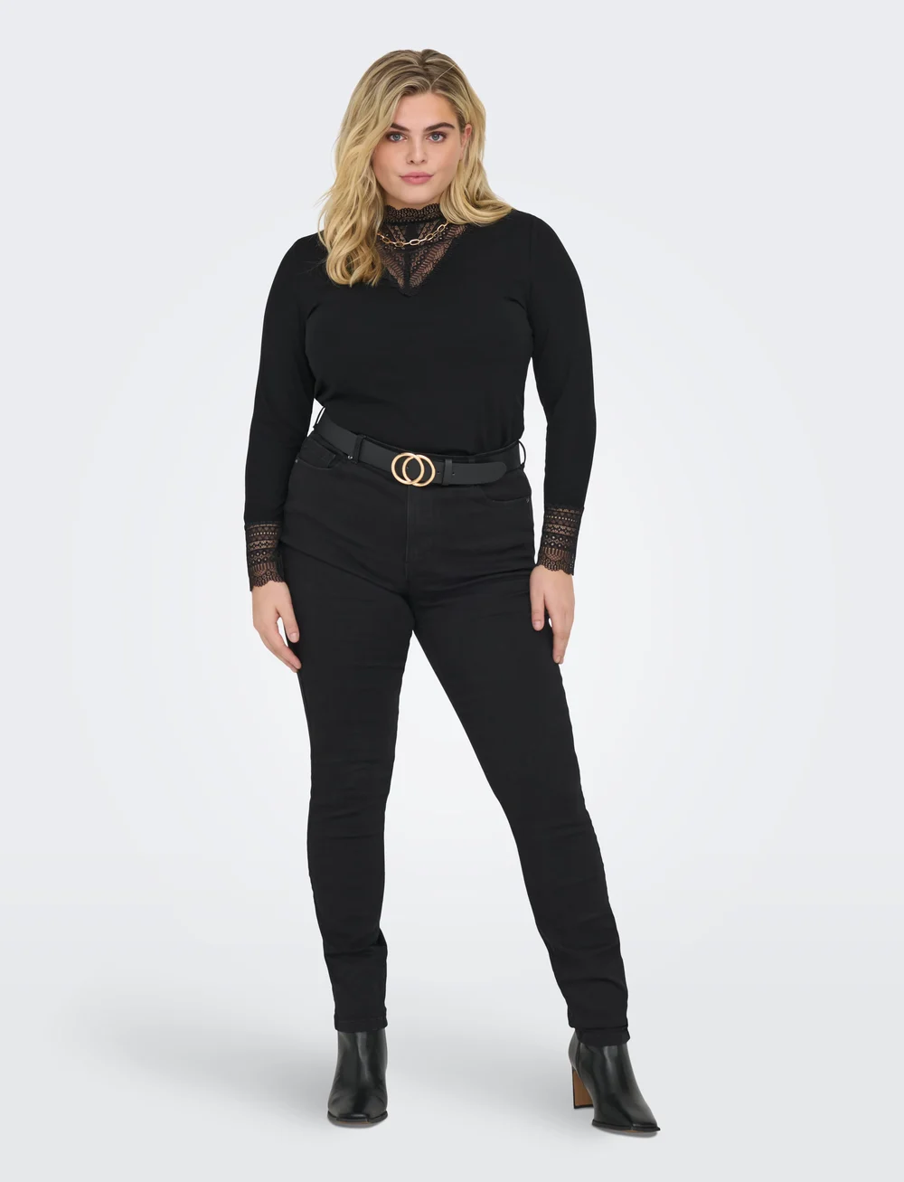 ONLY Carmakoma - CARTILDE RIB LACE L/S TOP JRS NOOS - långärmade toppar - black - 4