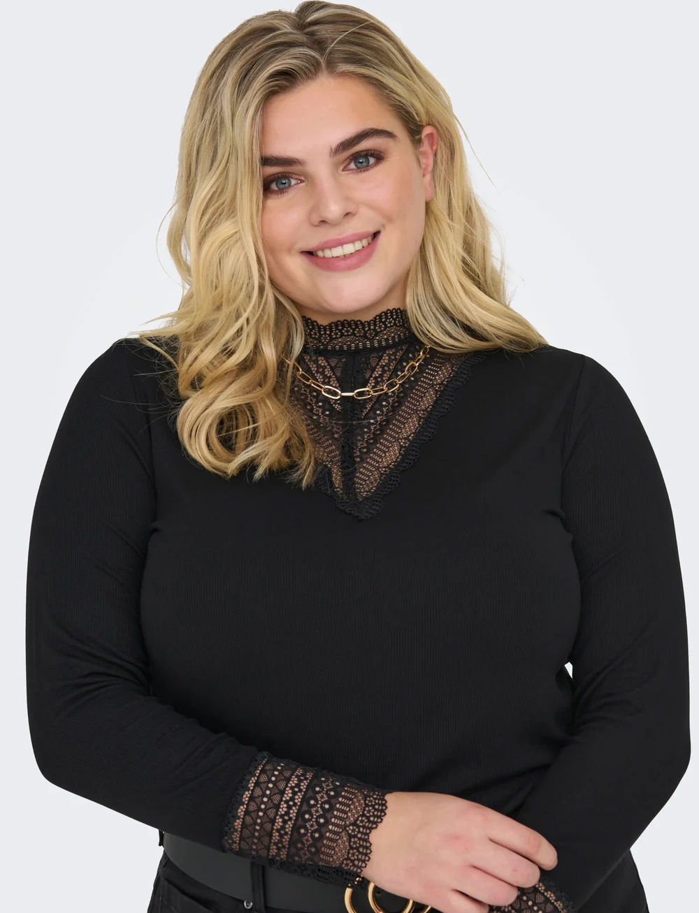 ONLY Carmakoma - CARTILDE RIB LACE L/S TOP JRS NOOS - långärmade toppar - black - 5