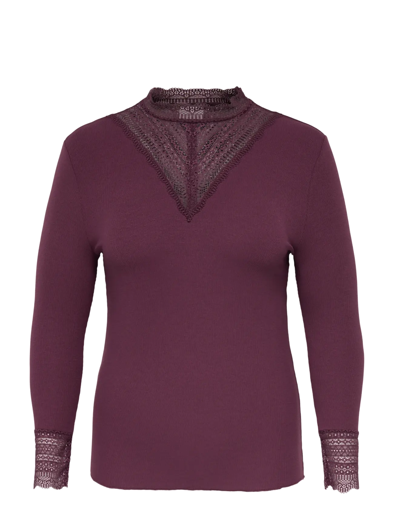 ONLY Carmakoma CARTILDE RIB LACE L/S TOP JRS NOOS - Long-sleeved tops - FIG / burgundy
