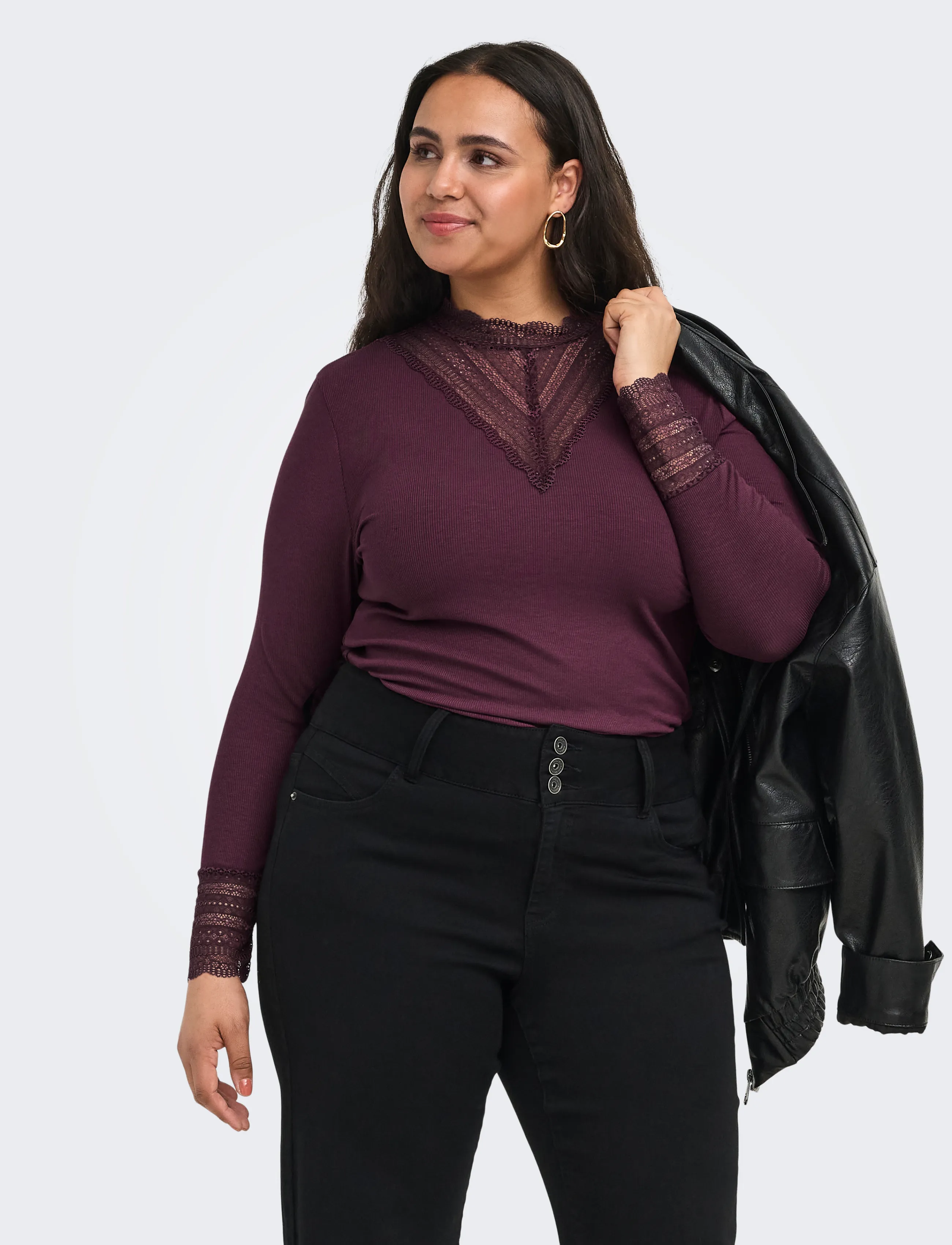 ONLY Carmakoma CARTILDE RIB LACE L/S TOP JRS NOOS - Long-sleeved tops - FIG / burgundy