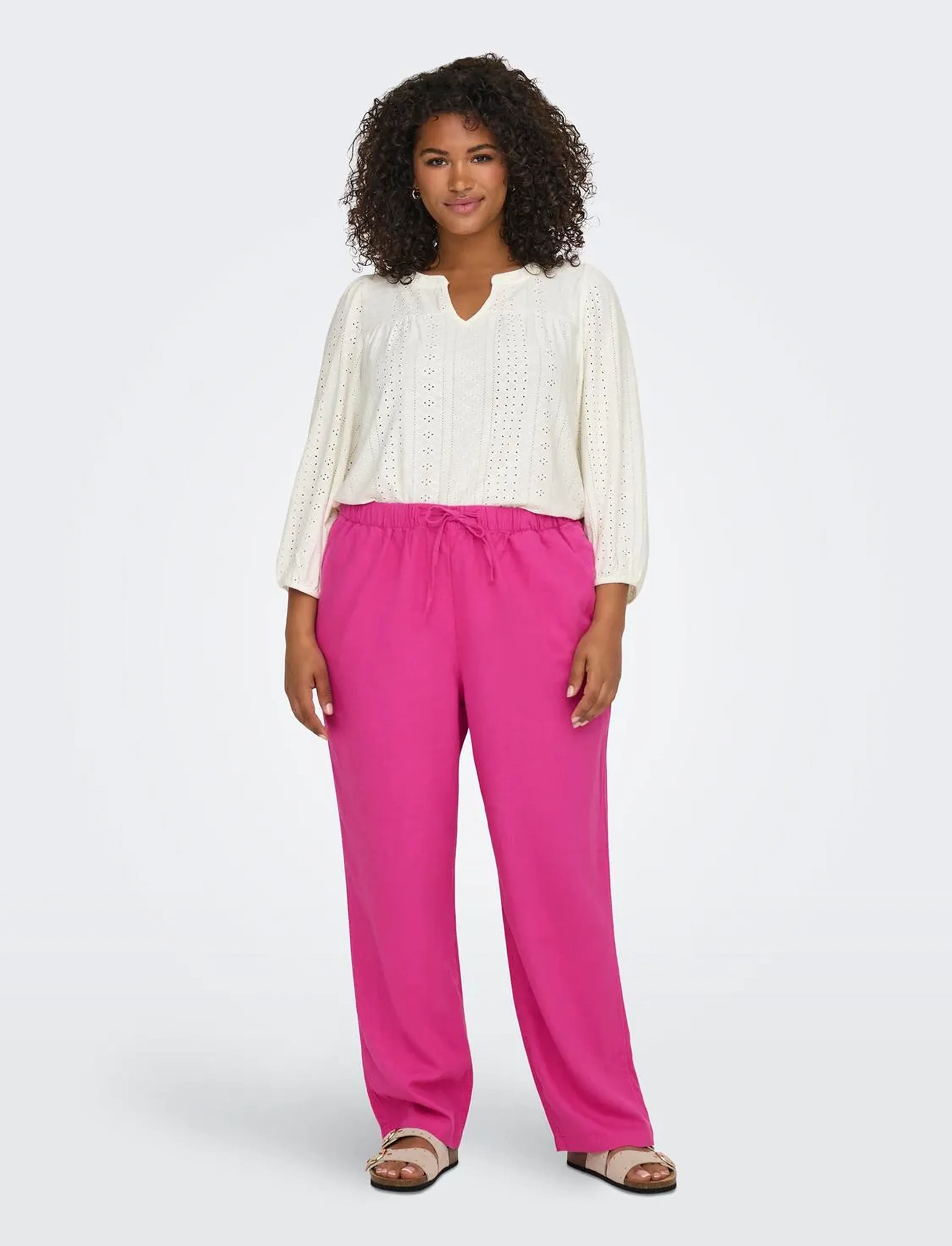 ONLY Carmakoma - CARCARO MW LINEN BL PULL-UP PANT TLR - hørbukser - raspberry rose - 5