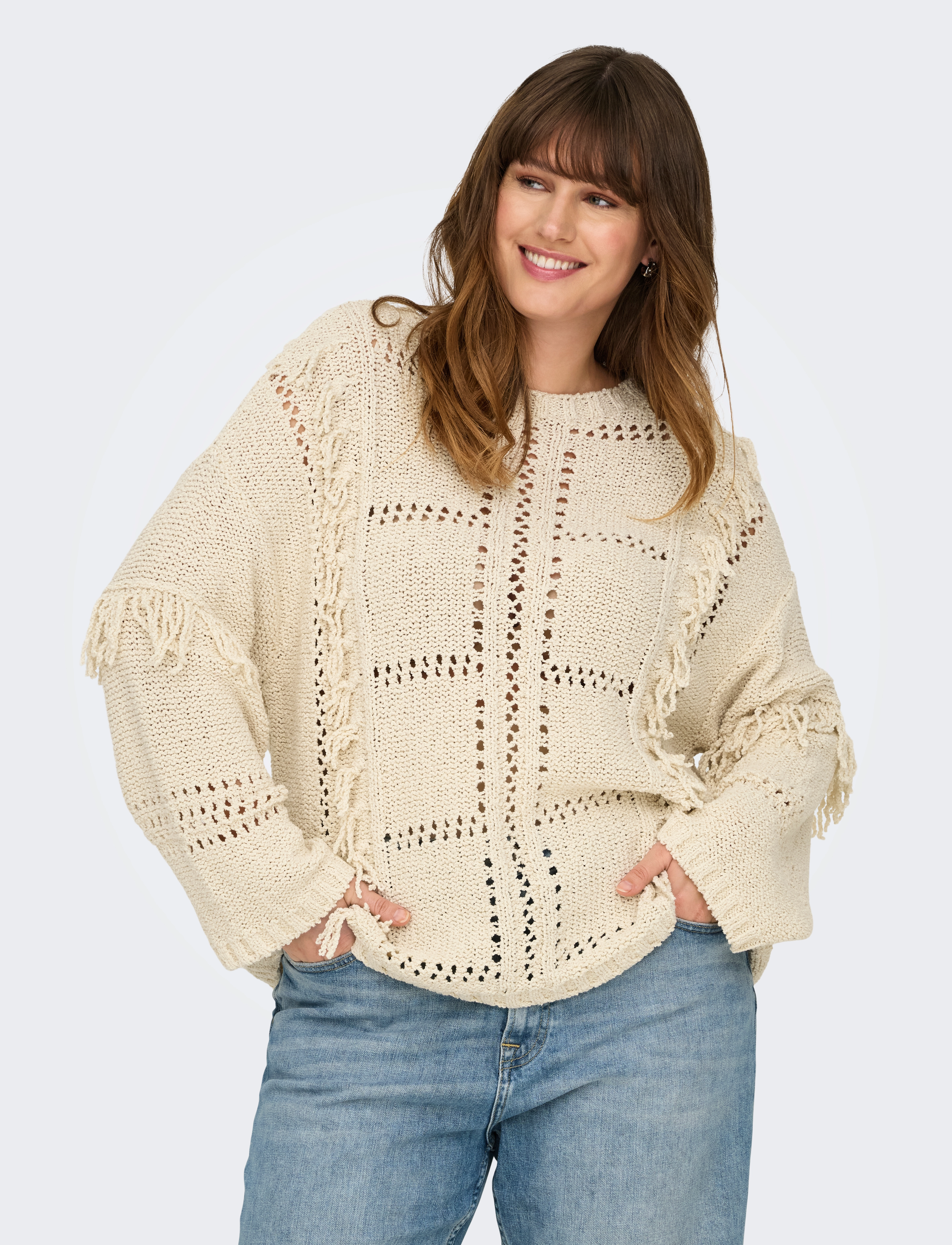 ONLY Carmakoma - CARYRSA LIFE LS FRINGE O-NECK KNT - striktrøjer - birch - 5