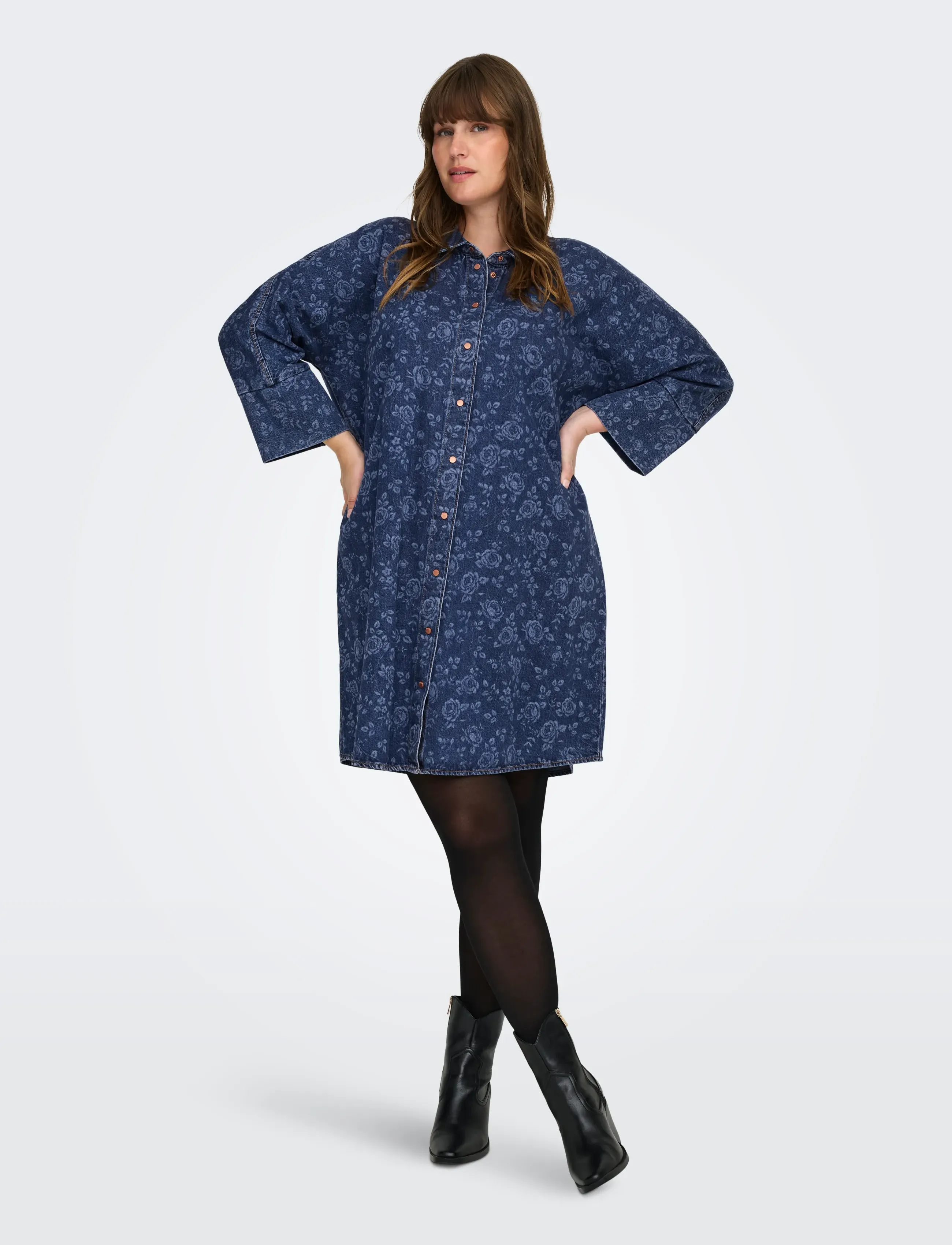 ONLY Carmakoma Cargrace 3/4 Rose Dnm Dress Pim, 44, Blue, Kjoler > Skjortekjoler, Dame