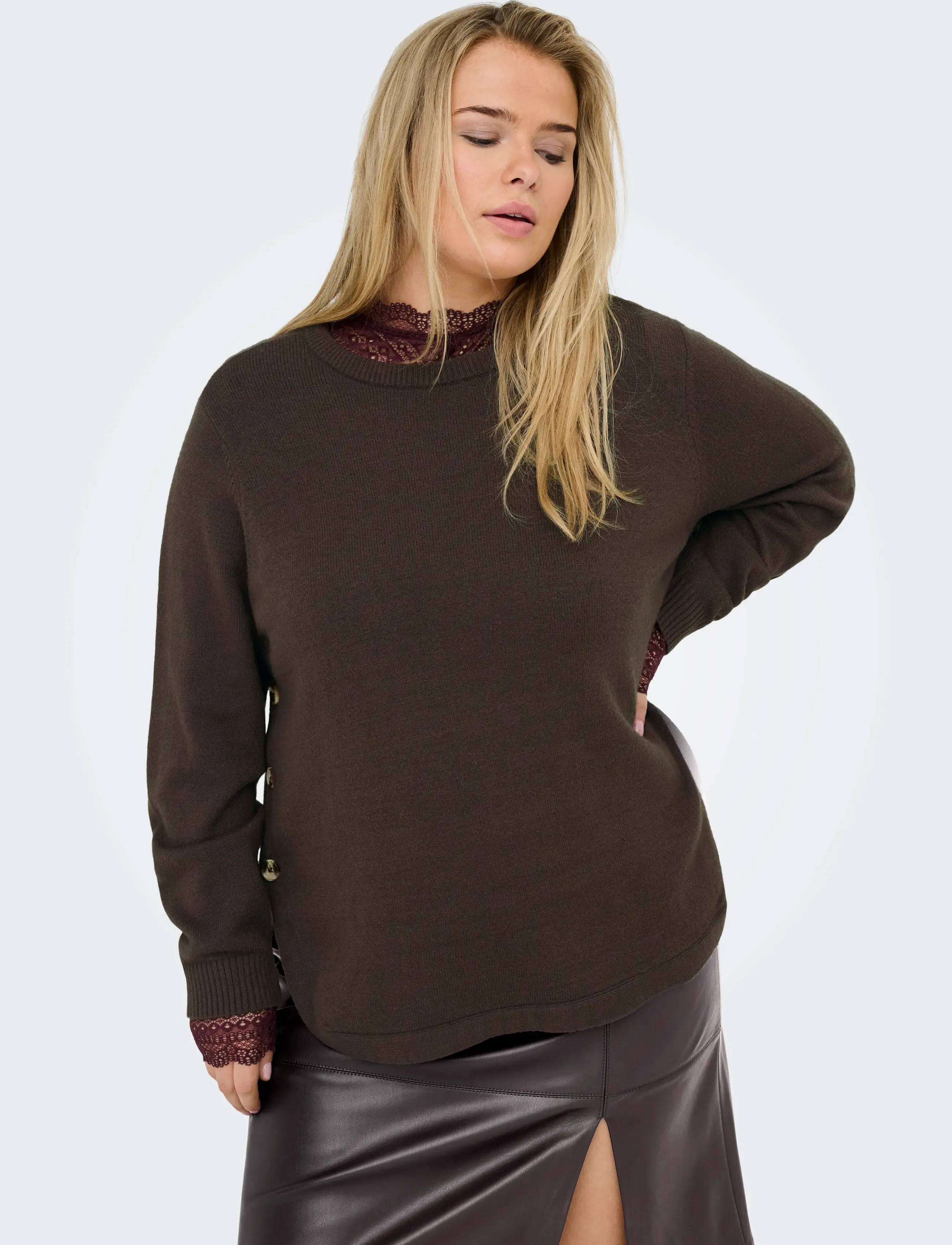 ONLY Carmakoma - CARMARGARETHA LS BUTTON PULLOVER KNT - laveste priser - seal brown - 5