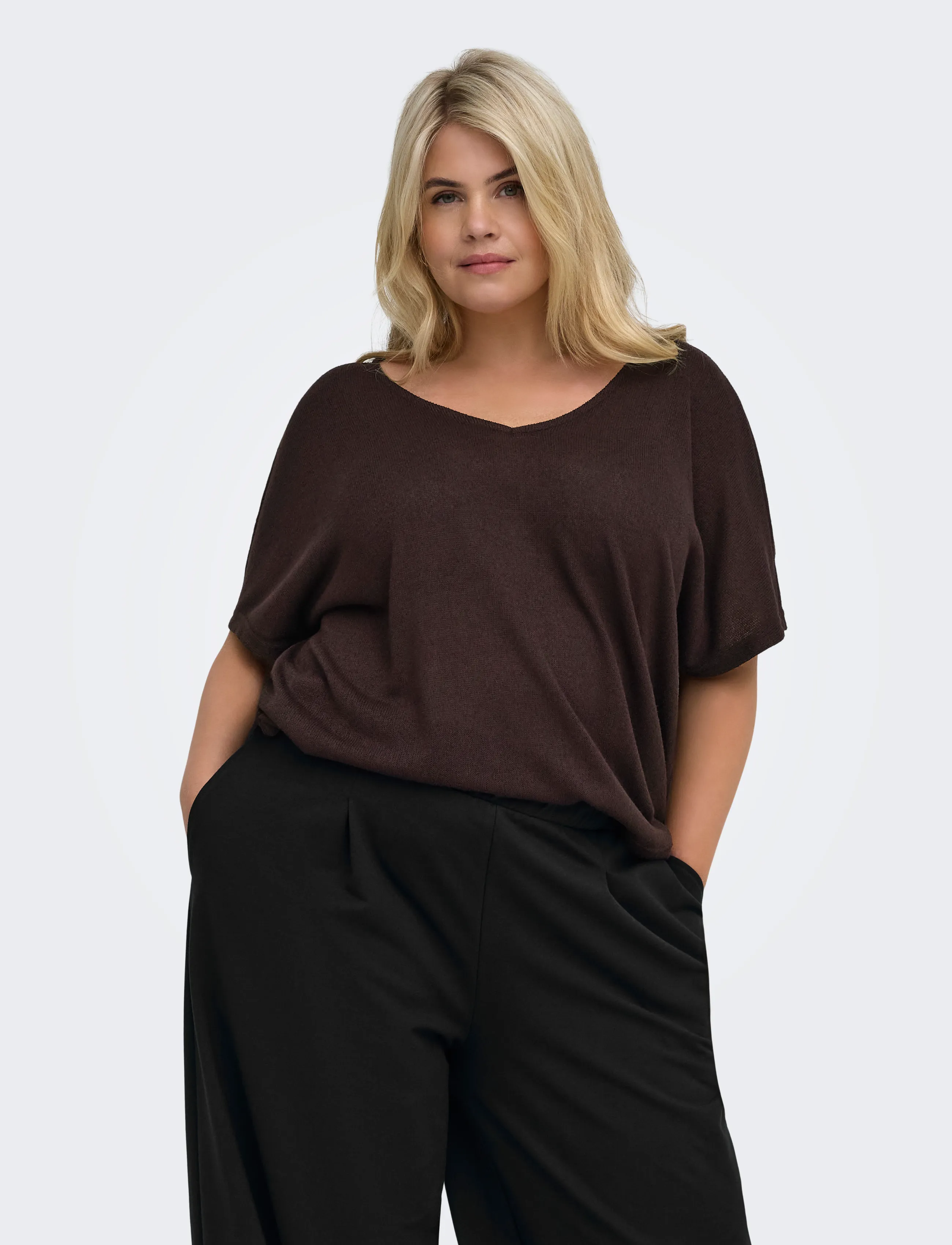 ONLY Carmakoma Cartammi 3/4 V-Neck Batwing Blouse Jrs, Kvinder, 3/4 V-Hals Batwing Bluse, Brun, Str: 54