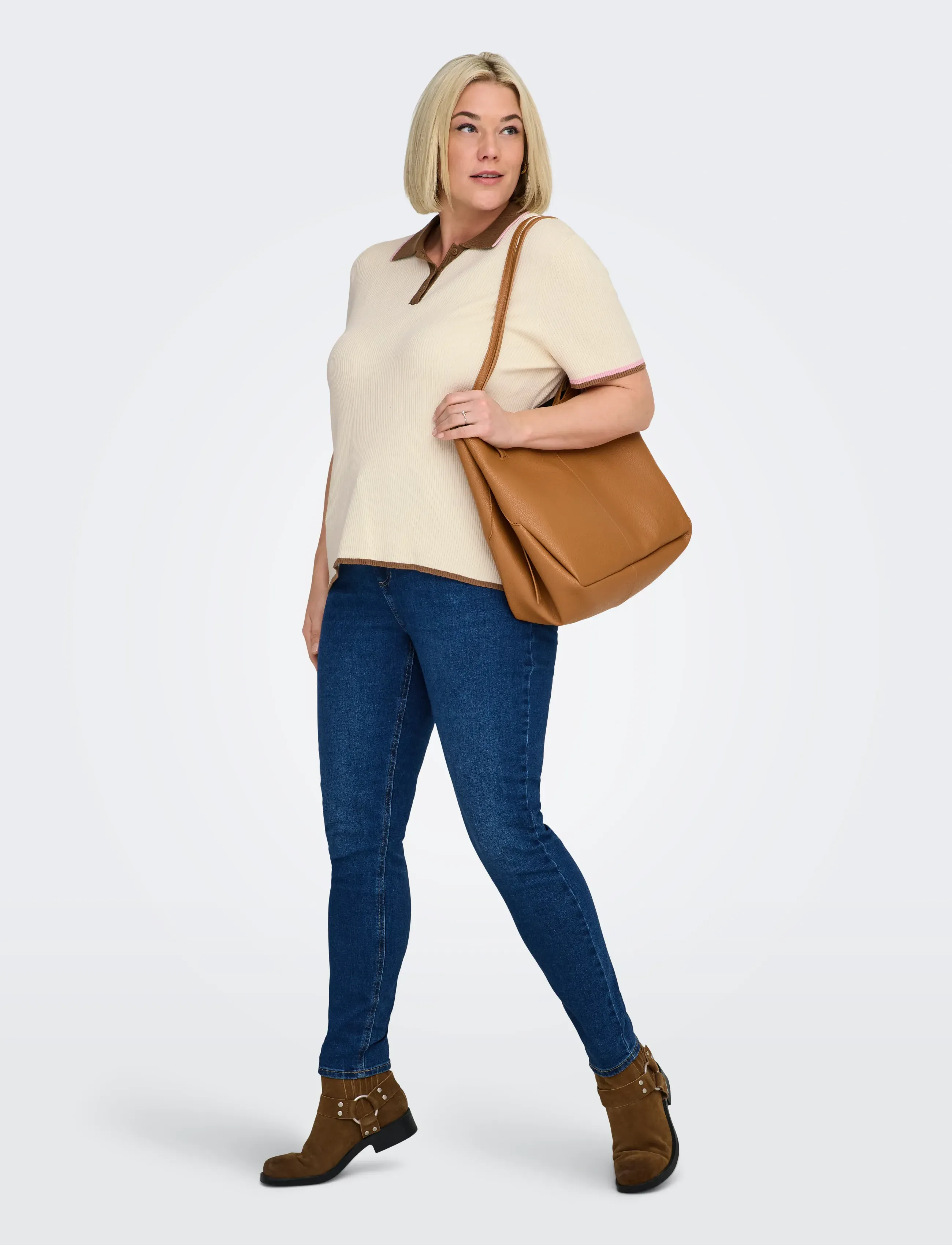 ONLY Carmakoma CARMEDDI LIFE SS CONTRAST POLO KNT - T-shirts & Toppar - BIRCH / cream