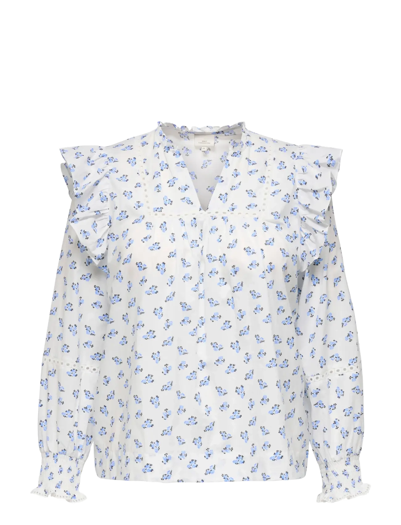 ONLY Carmakoma Caridris Ls Frill Tape Top Aop, 46, Blouses, Weiß - Long-sleeved, Frauen