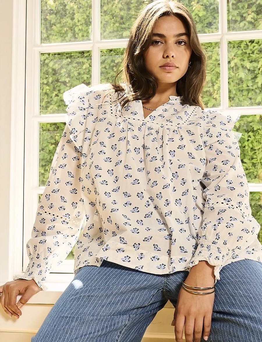 ONLY Carmakoma - CARIDRIS LS FRILL TAPE TOP AOP - langærmede bluser - cashmere blue - 2