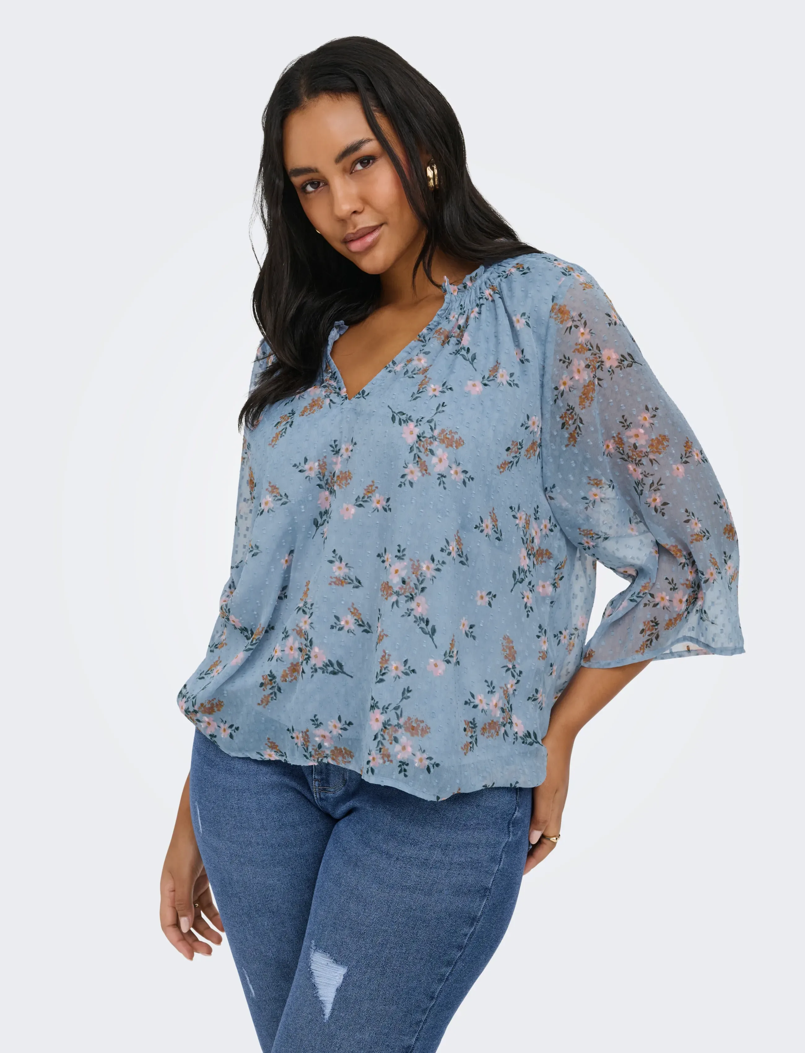 ONLY Carmakoma CARSIGRID L/S V-NECK TOP AOP - Blusen - RIVIERA / blue
