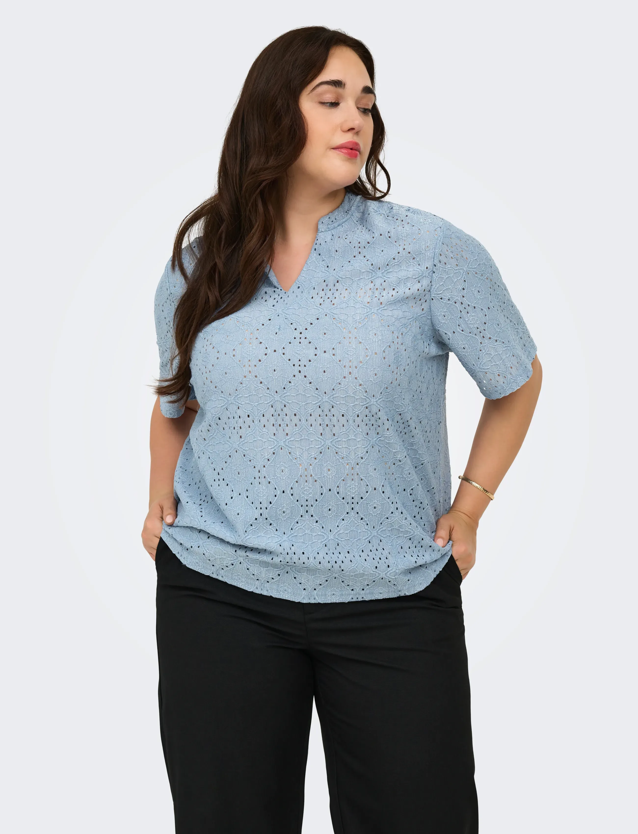 ONLY Carmakoma Carhellen S/S V-Neck Blouse Jrs, 46-48, Blouses, Blau - Short-sleeved, Frauen