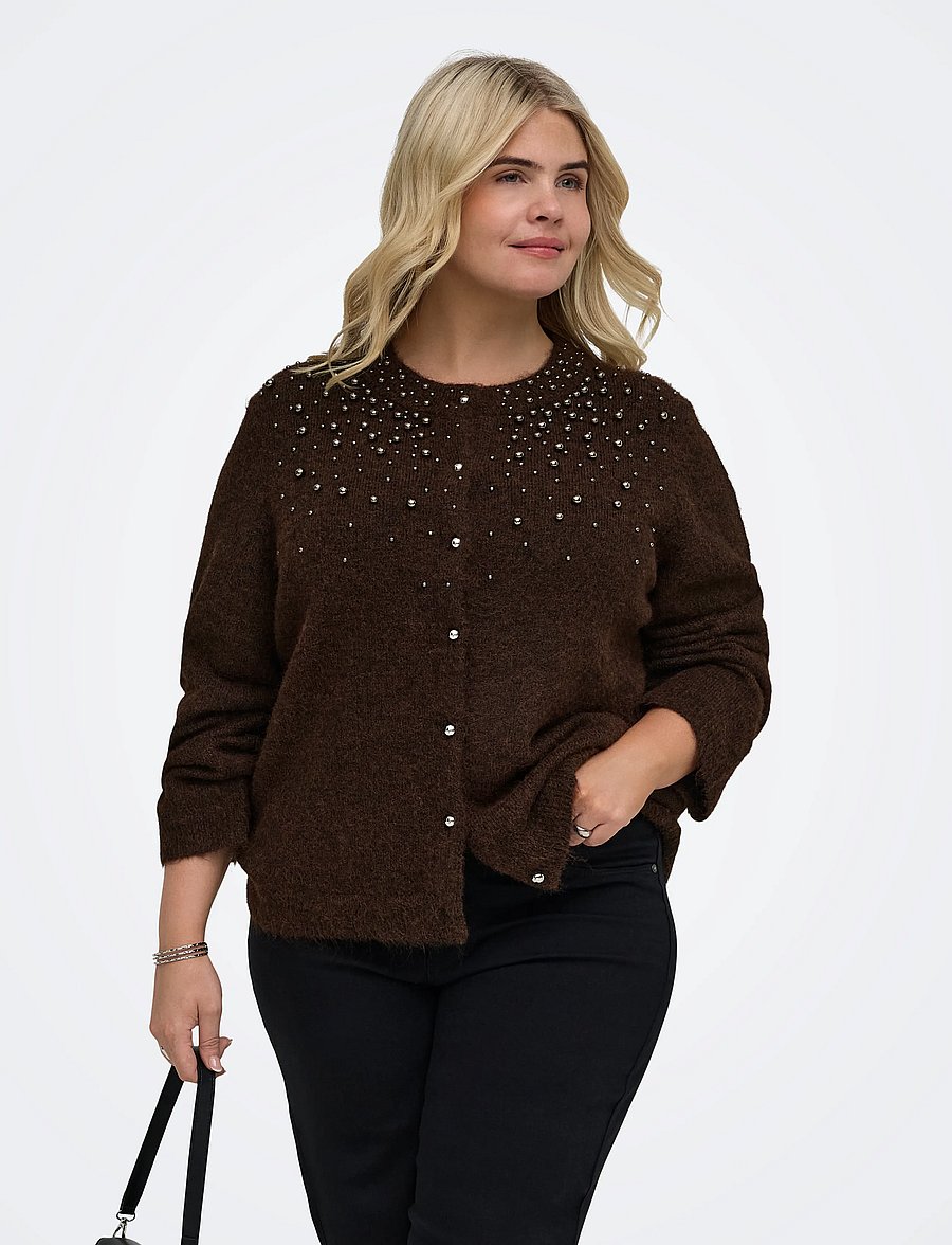 ONLY Carmakoma - CARMIGGIE LS O-NECK PEARL CARDIGAN KNT - koftor - coffee bean - 0