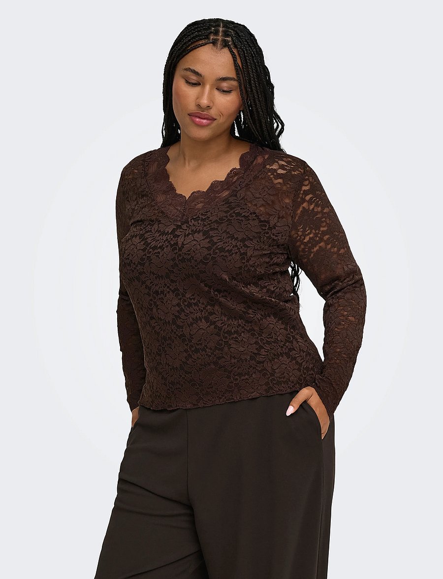 ONLY Carmakoma - CARNIKKA L/S LACE TOP JRS NOOS - blouses à manches longues - coffee bean - 0