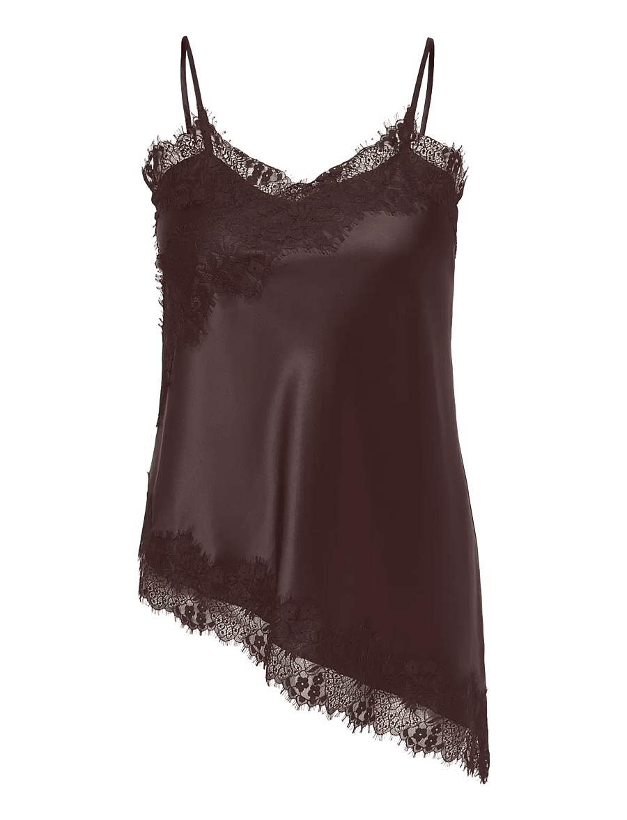 ONLY Carmakoma - CARINDONA STRAP SATIN LACE TOP WVN - linnen - chocolate torte - 0